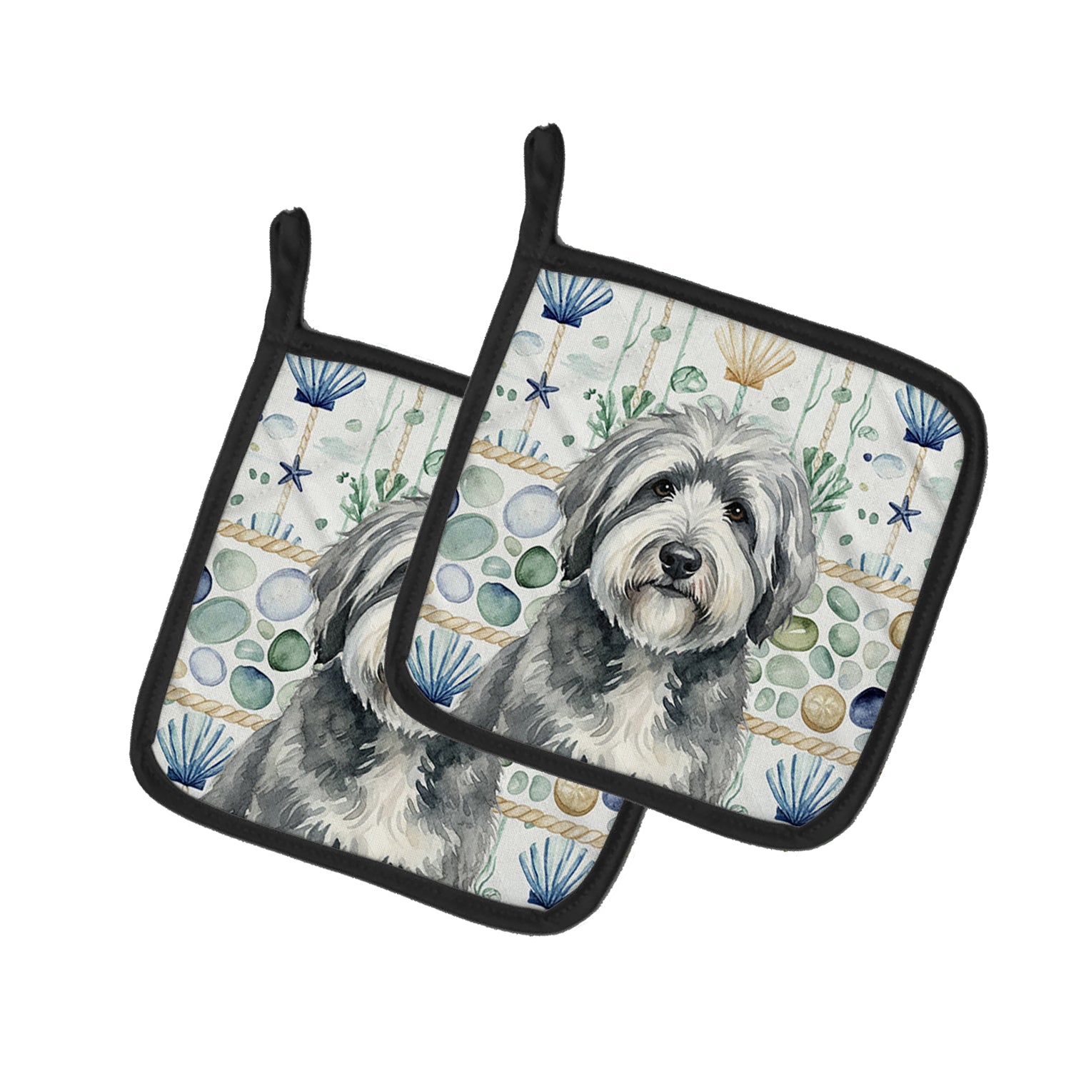 Caroline's Treasures Gray and White Old English Sheepdog Coastal Sea Glass Pair of Pot Holders