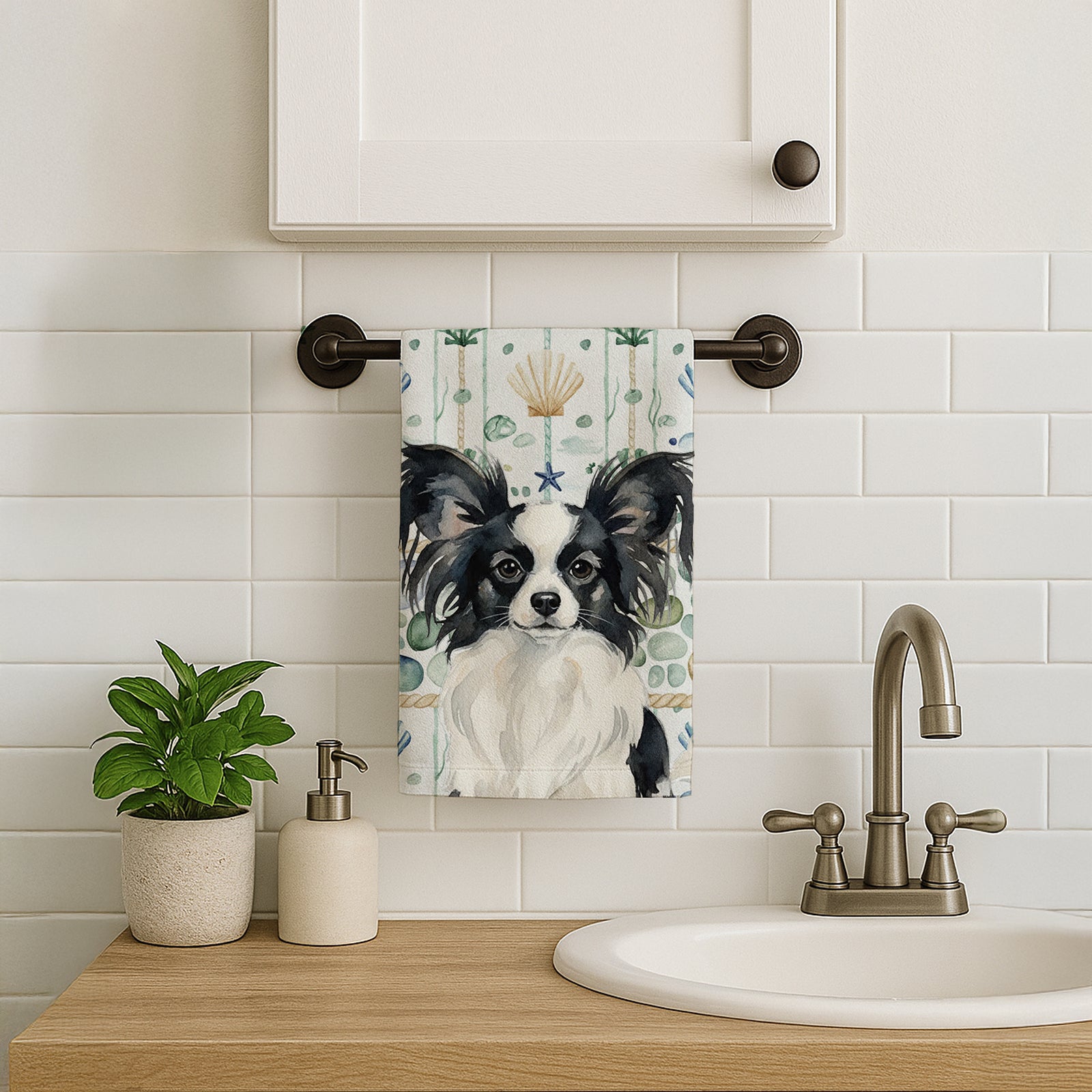 Caroline's Treasures Black and White Papillon Coastal Sea Glass Kitchen Towel