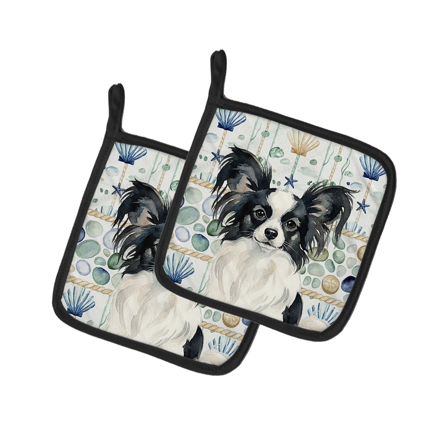 Caroline's Treasures Black and White Papillon Coastal Sea Glass Pair of Pot Holders