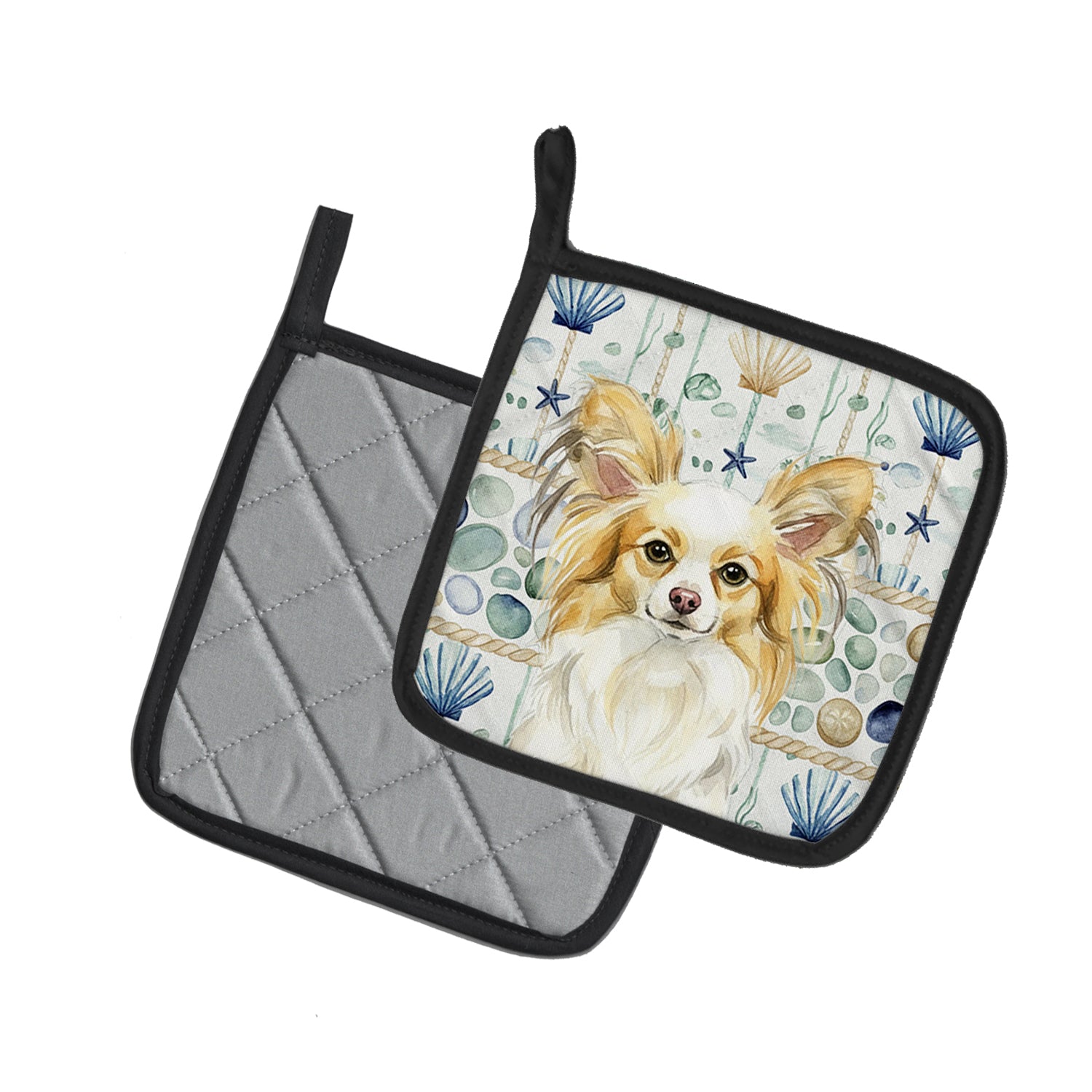 Caroline's Treasures Lemon and White Papillon Coastal Sea Glass Pair of Pot Holders