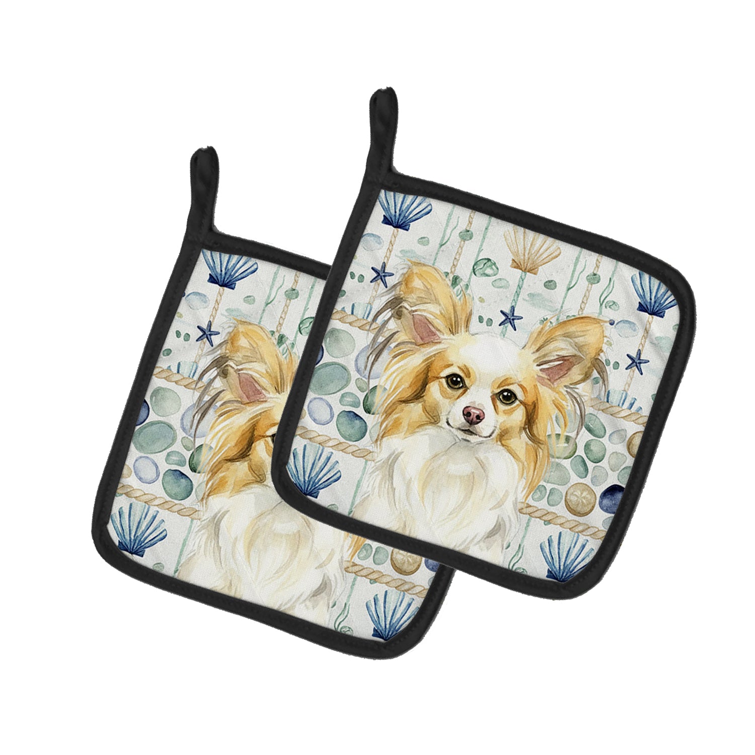 Caroline's Treasures Lemon and White Papillon Coastal Sea Glass Pair of Pot Holders