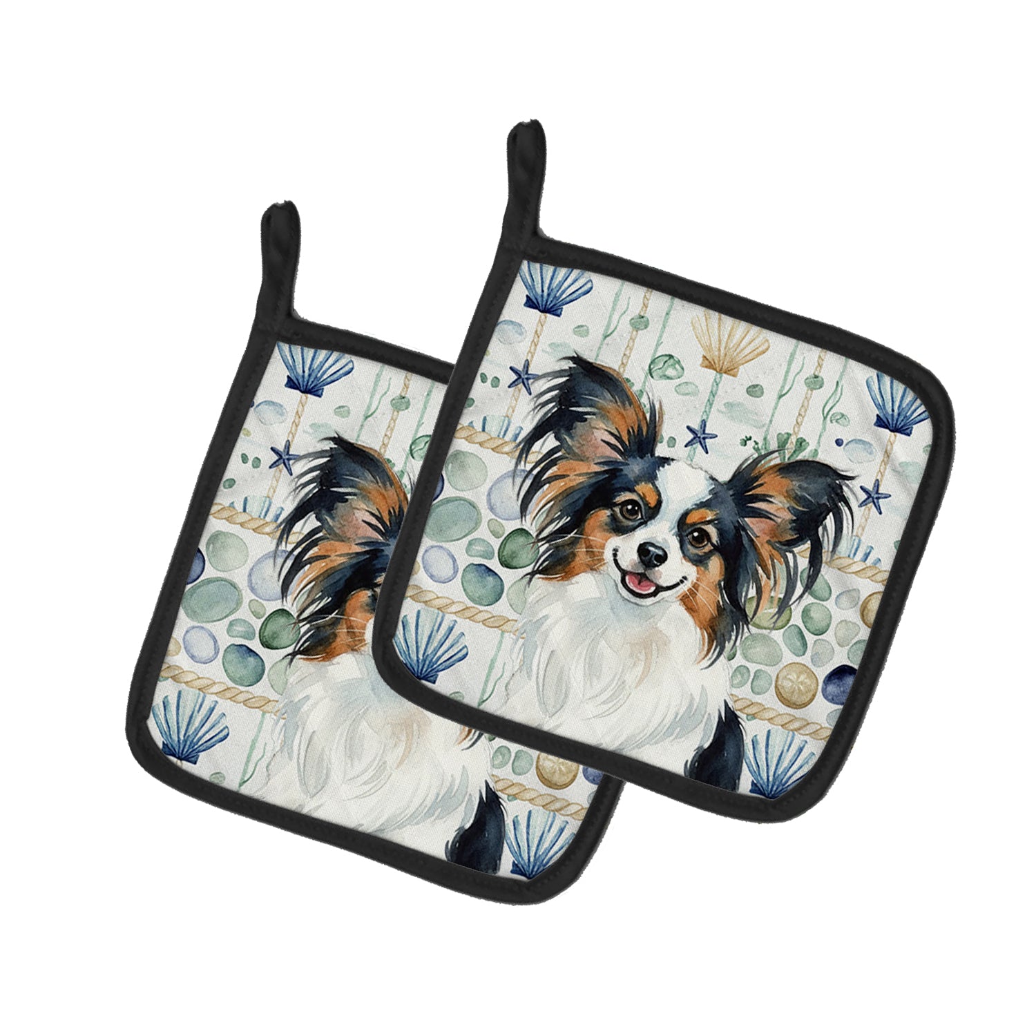 Caroline's Treasures Tricolor Papillon Coastal Sea Glass Pair of Pot Holders