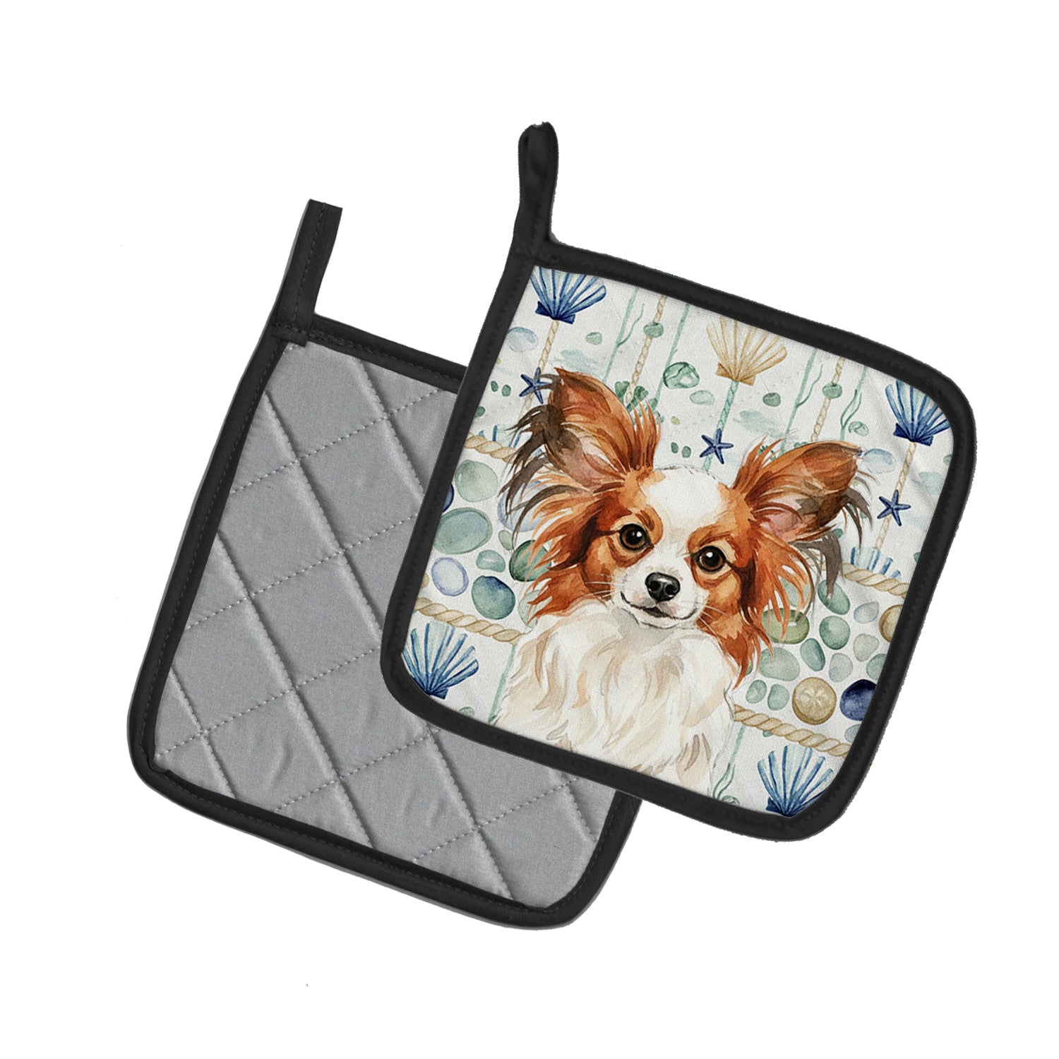 Caroline's Treasures White with Red Papillon Coastal Sea Glass Pair of Pot Holders