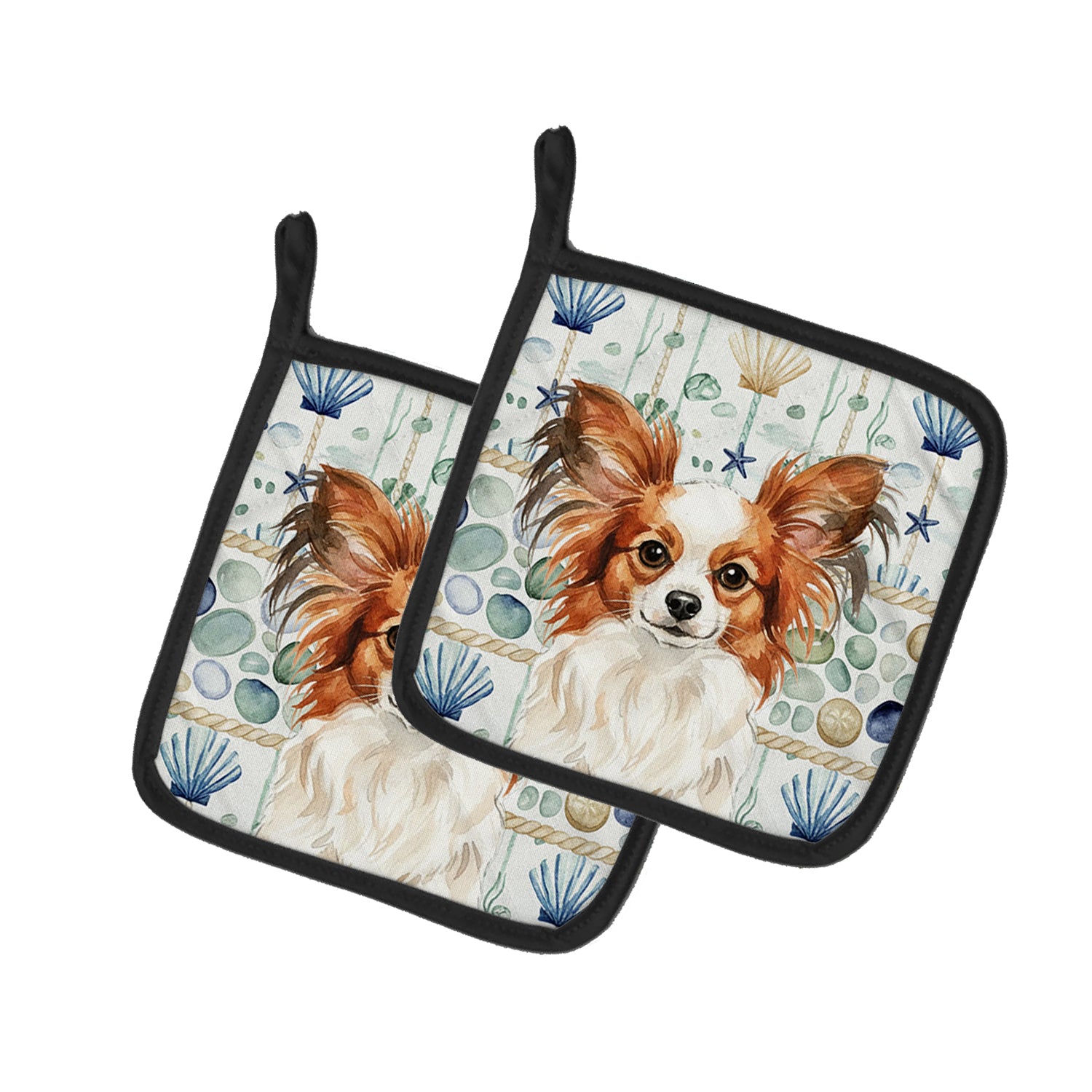 Caroline's Treasures White with Red Papillon Coastal Sea Glass Pair of Pot Holders