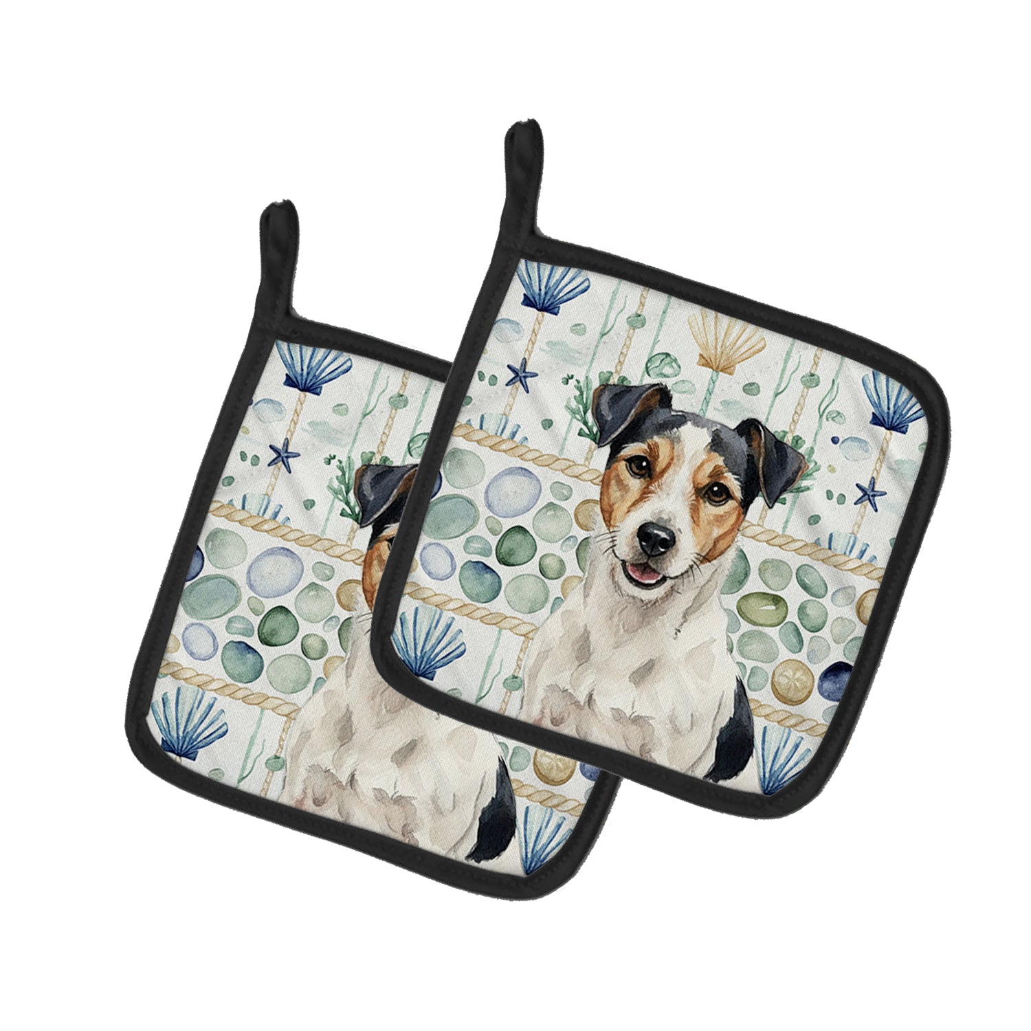 Caroline's Treasures Parson Russell Terrier Coastal Sea Glass Pair of Pot Holders