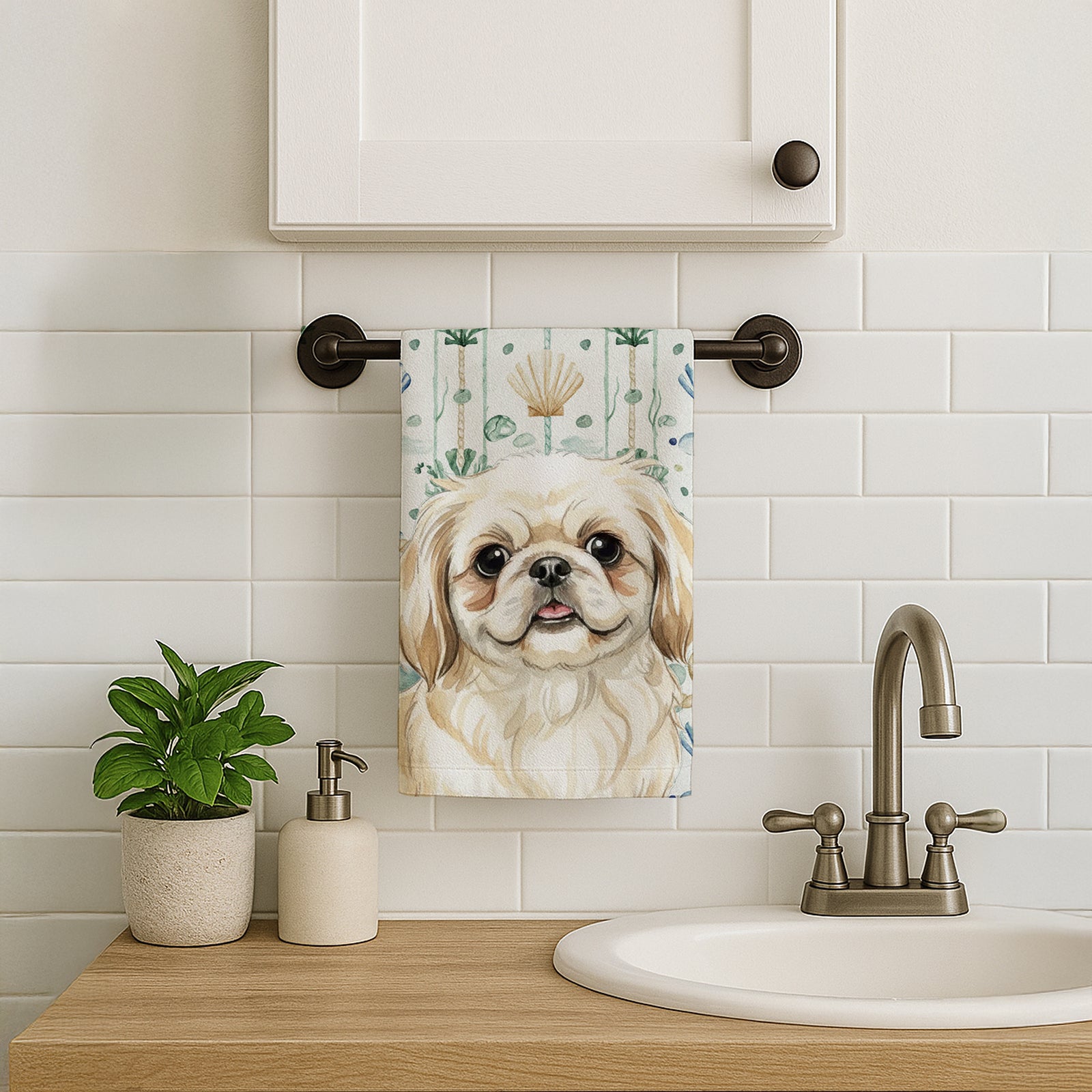 Caroline's Treasures Cream Pekingese Coastal Sea Glass Kitchen Towel