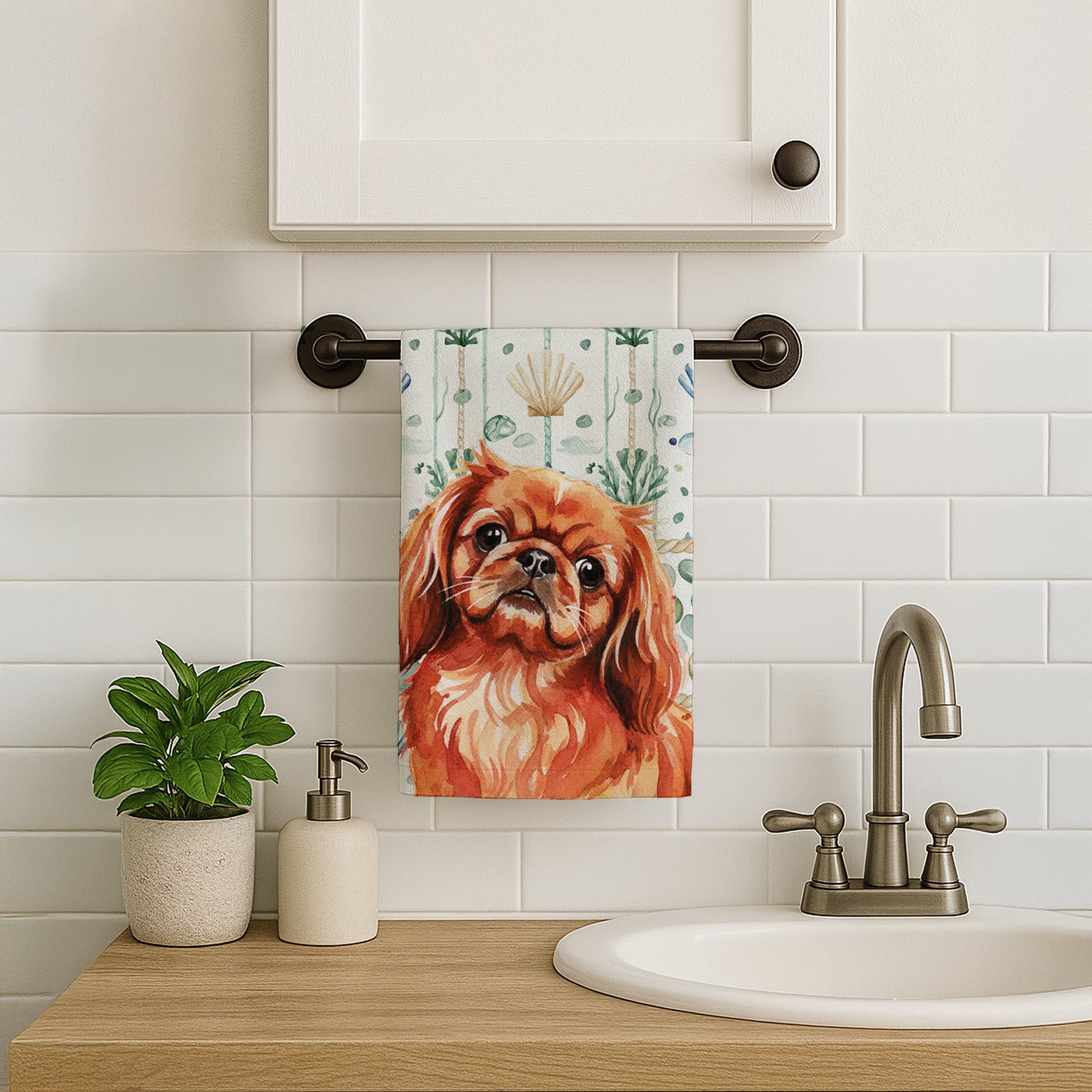Caroline's Treasures Red Pekingese Coastal Sea Glass Kitchen Towel