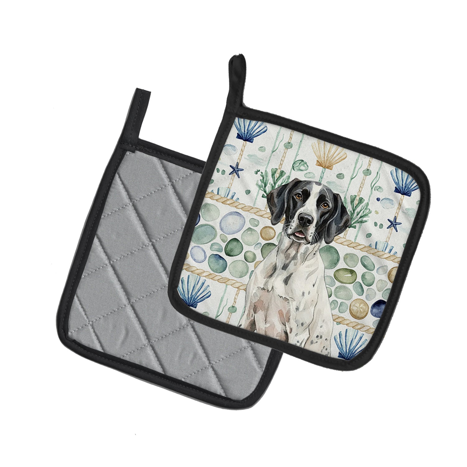 Caroline's Treasures Black and White Pointer Coastal Sea Glass Pair of Pot Holders