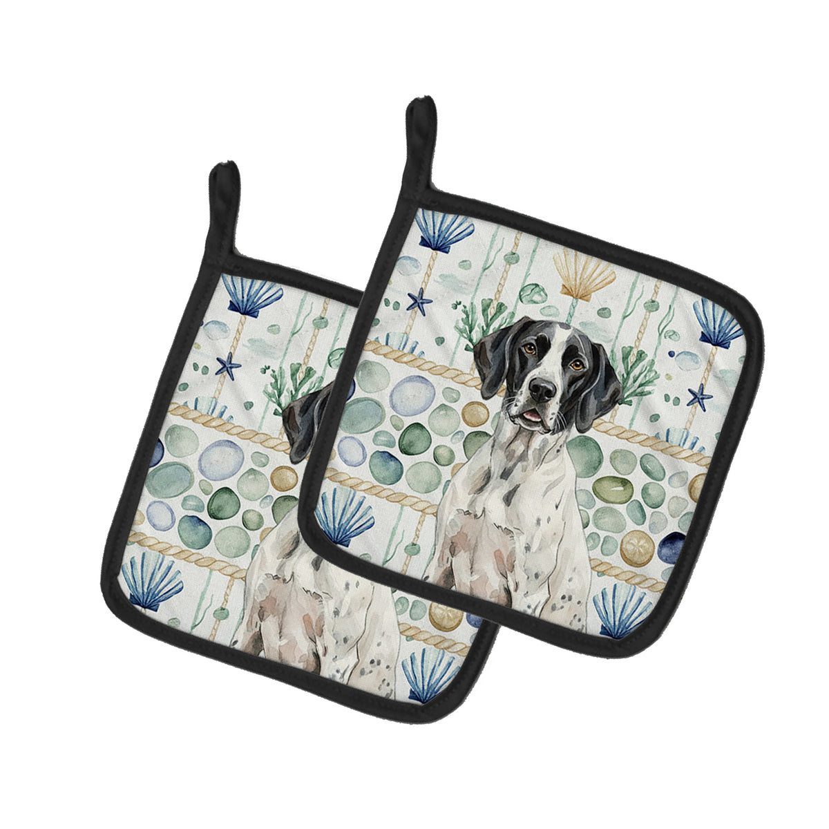 Caroline's Treasures Black and White Pointer Coastal Sea Glass Pair of Pot Holders