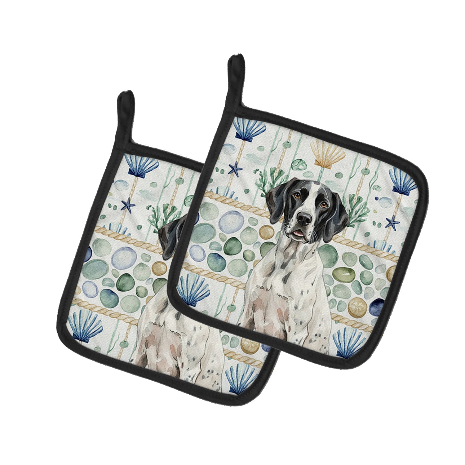 Caroline's Treasures Black and White Pointer Coastal Sea Glass Pair of Pot Holders