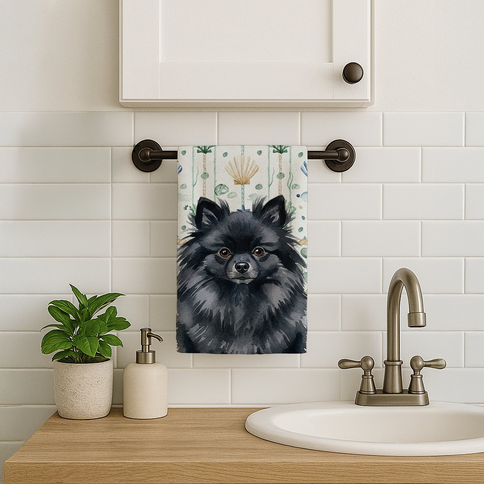Caroline's Treasures Black Pomeranian Coastal Sea Glass Kitchen Towel