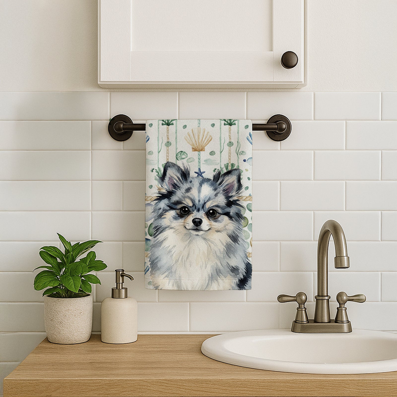 Caroline's Treasures Blue Merle Pomeranian Coastal Sea Glass Kitchen Towel