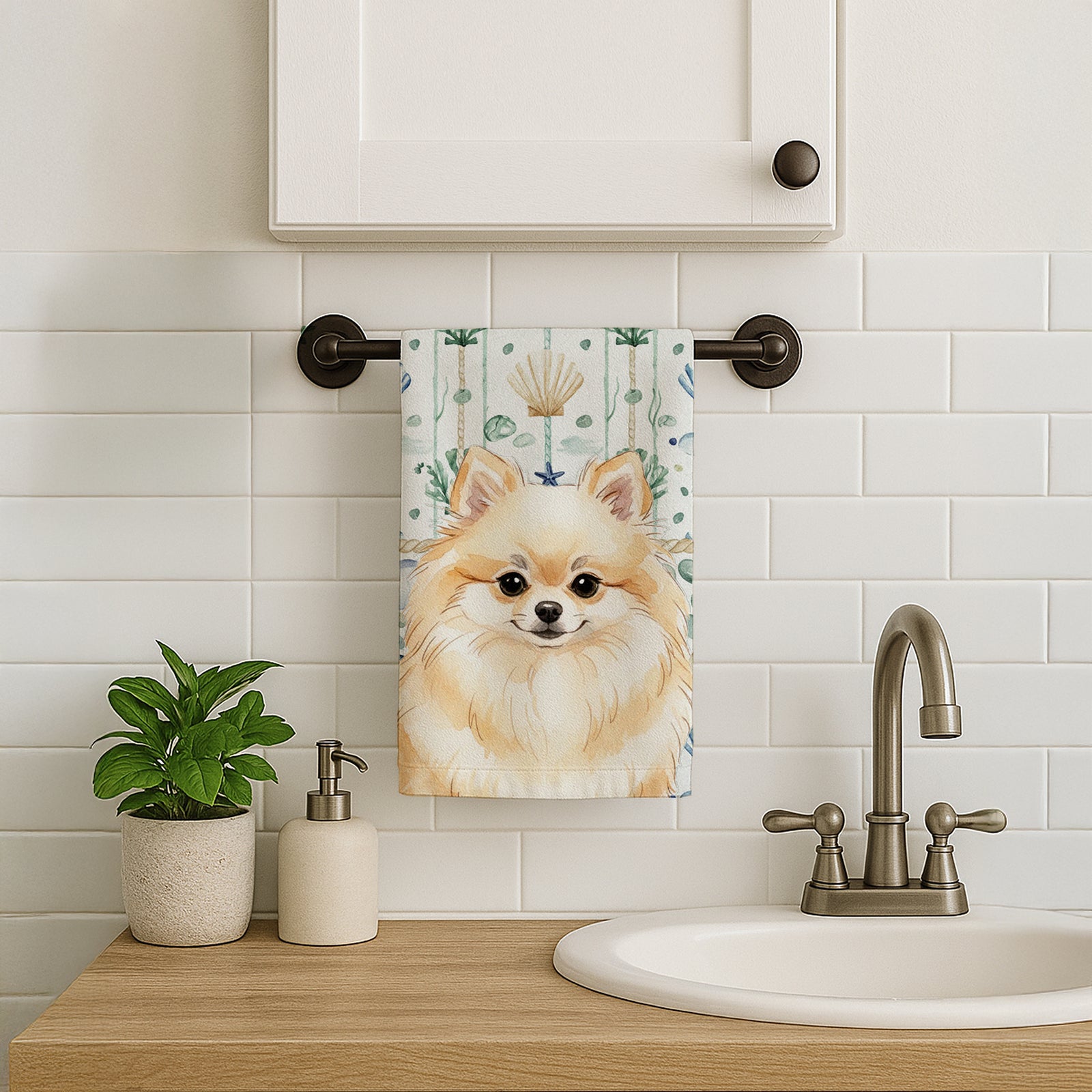 Caroline's Treasures Cream Pomeranian Coastal Sea Glass Kitchen Towel