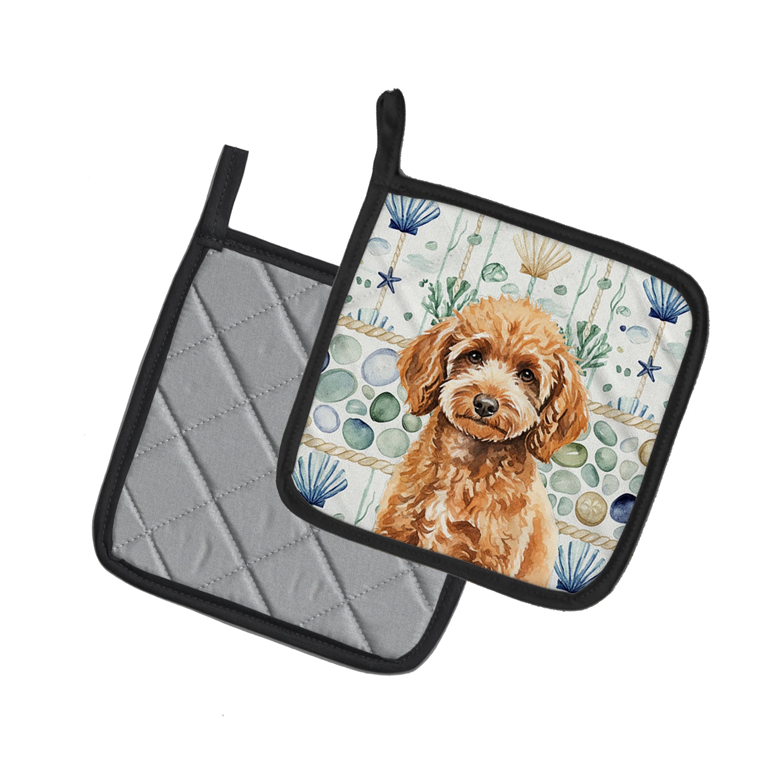 Caroline's Treasures Miniature Apricot Poodle Coastal Sea Glass Pair of Pot Holders