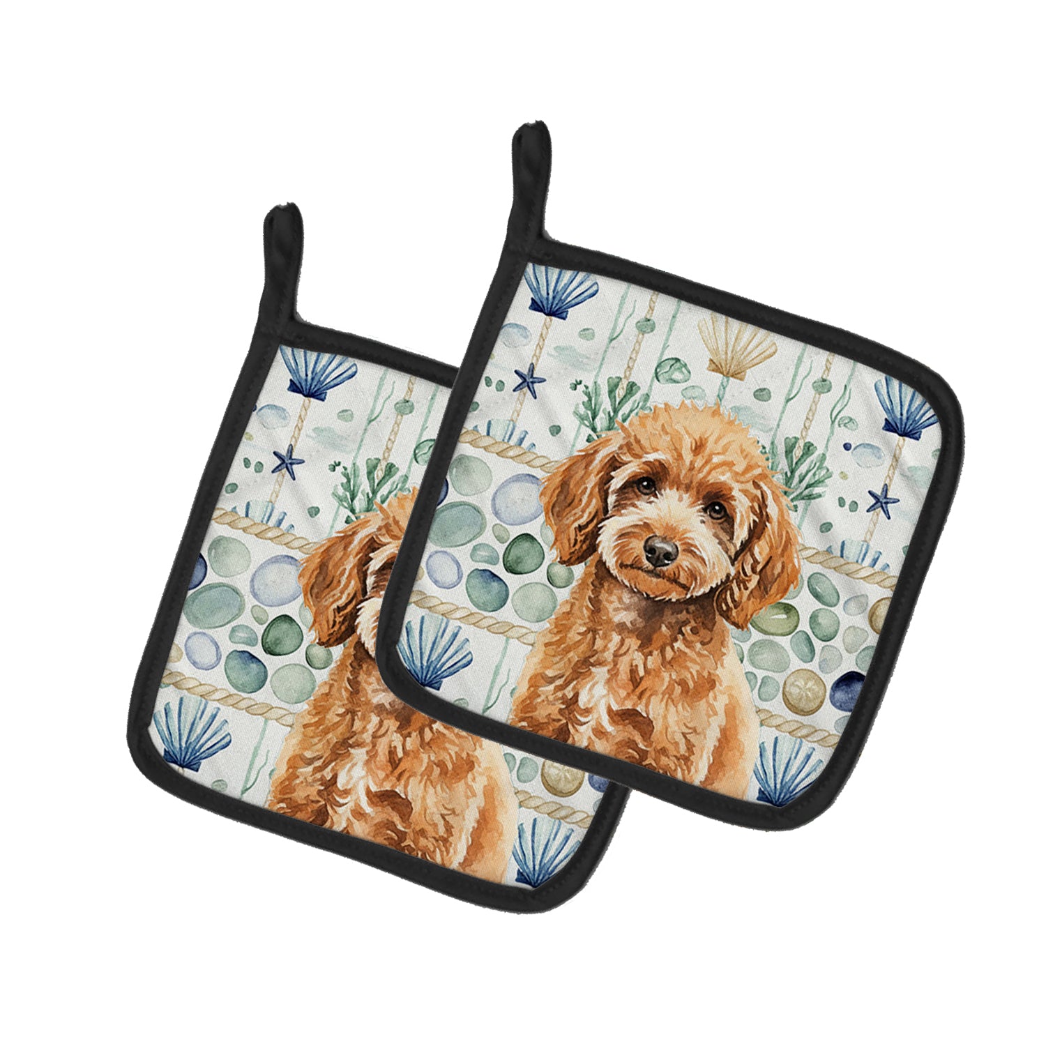 Caroline's Treasures Miniature Apricot Poodle Coastal Sea Glass Pair of Pot Holders