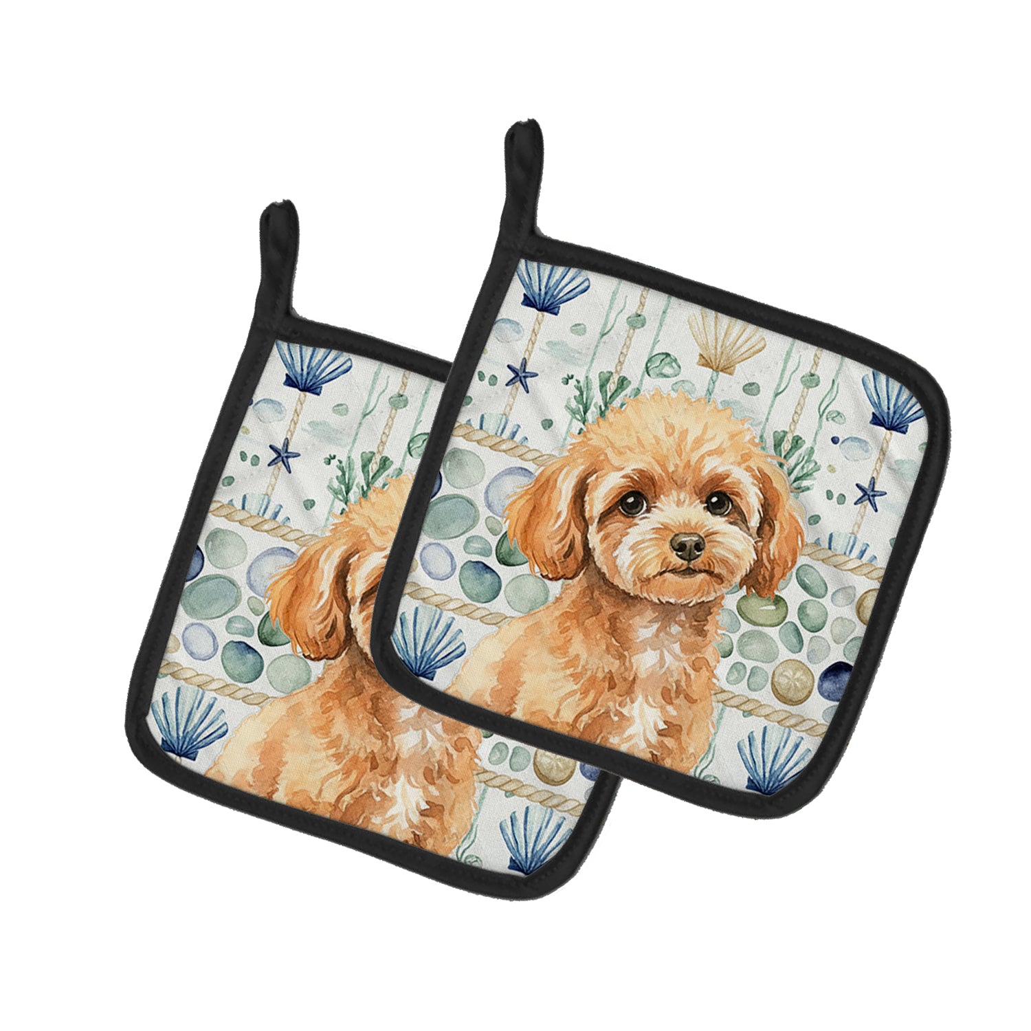 Caroline's Treasures Toy Apricot Poodle Coastal Sea Glass Pair of Pot Holders