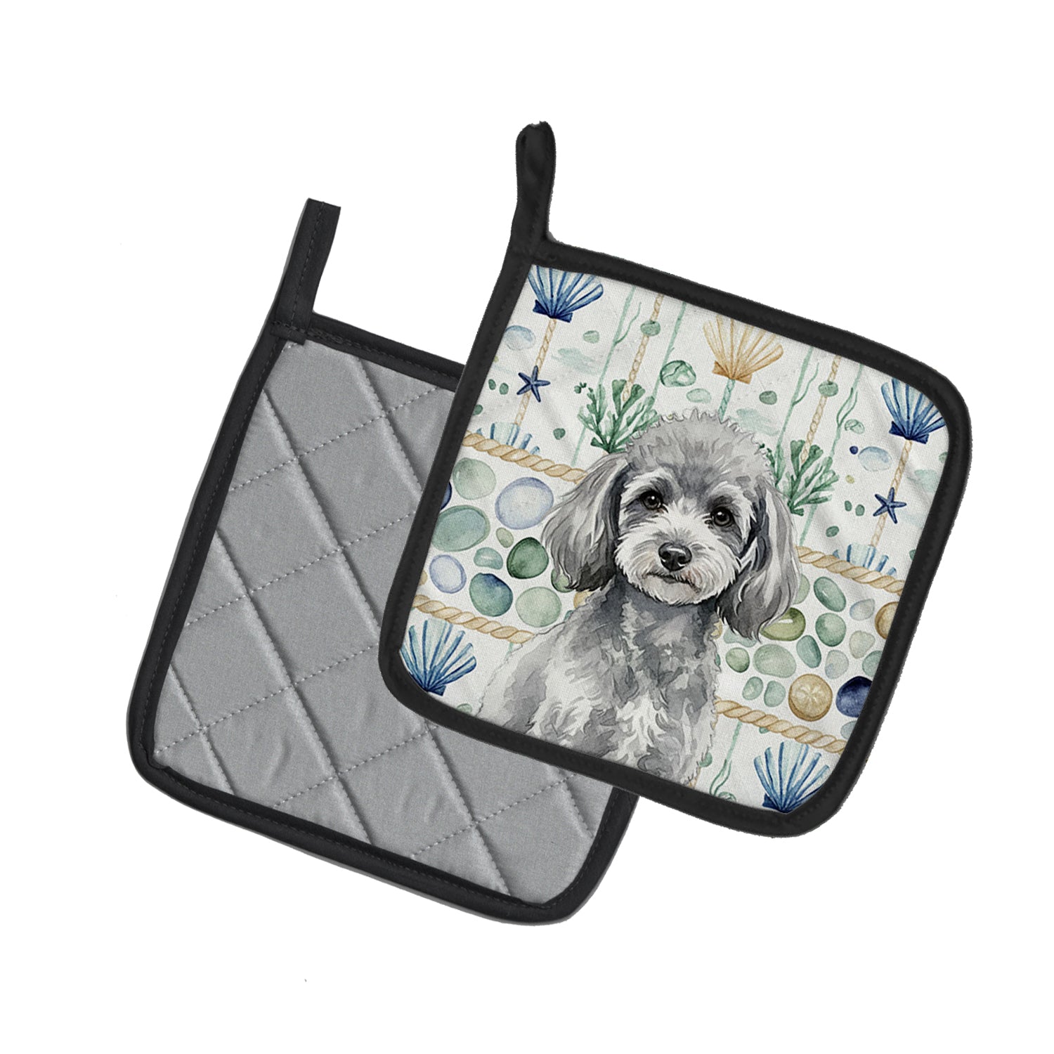 Caroline's Treasures Toy Silver Poodle Coastal Sea Glass Pair of Pot Holders