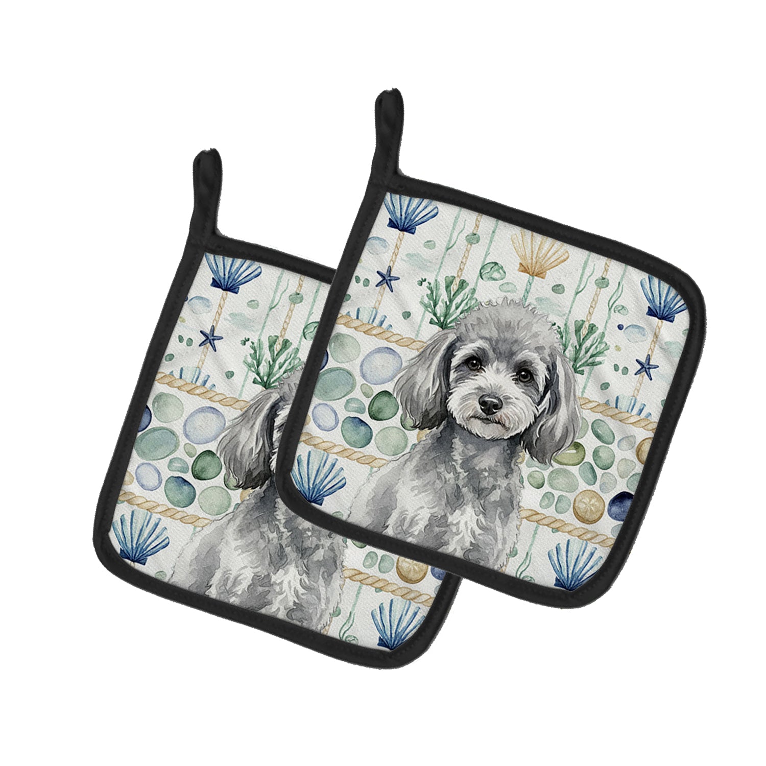 Caroline's Treasures Toy Silver Poodle Coastal Sea Glass Pair of Pot Holders