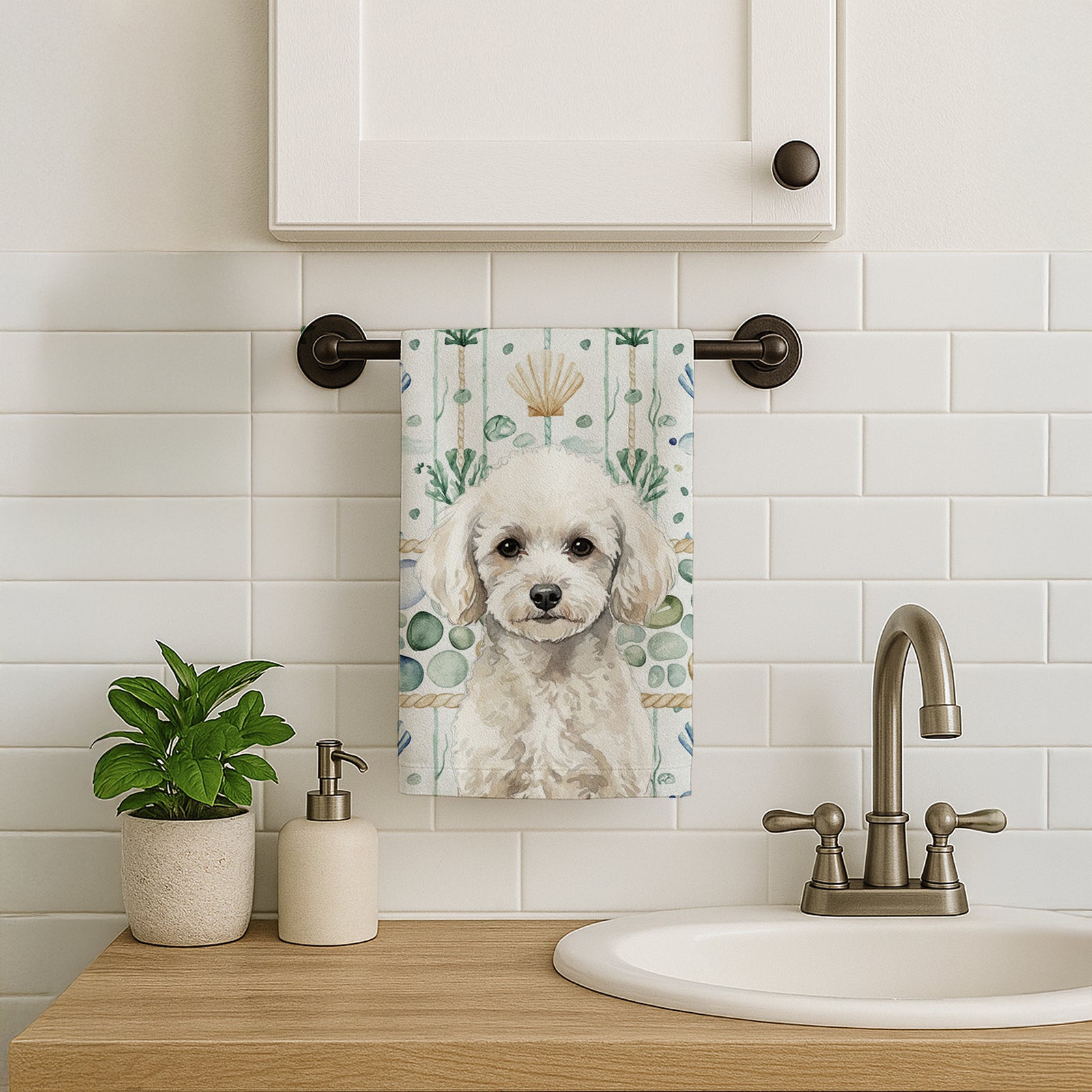 Caroline's Treasures Toy White Poodle Coastal Sea Glass Kitchen Towel