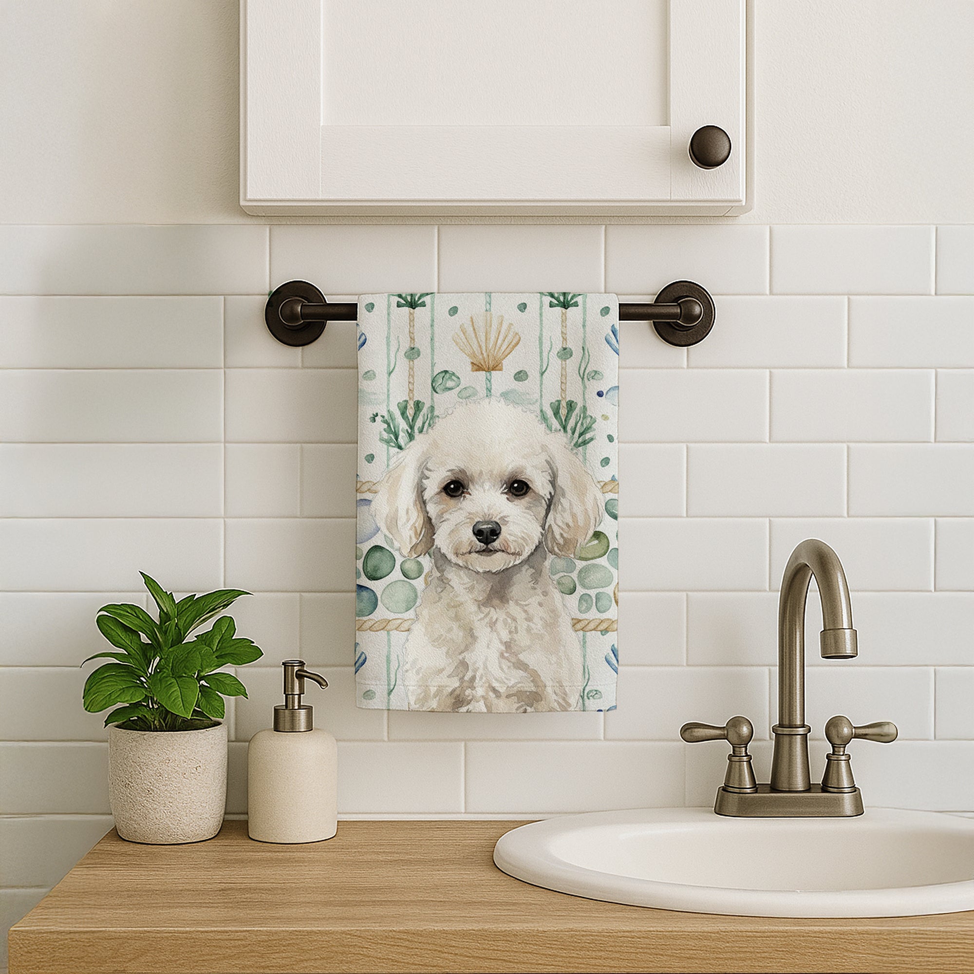 Caroline's Treasures Toy White Poodle Coastal Sea Glass Kitchen Towel