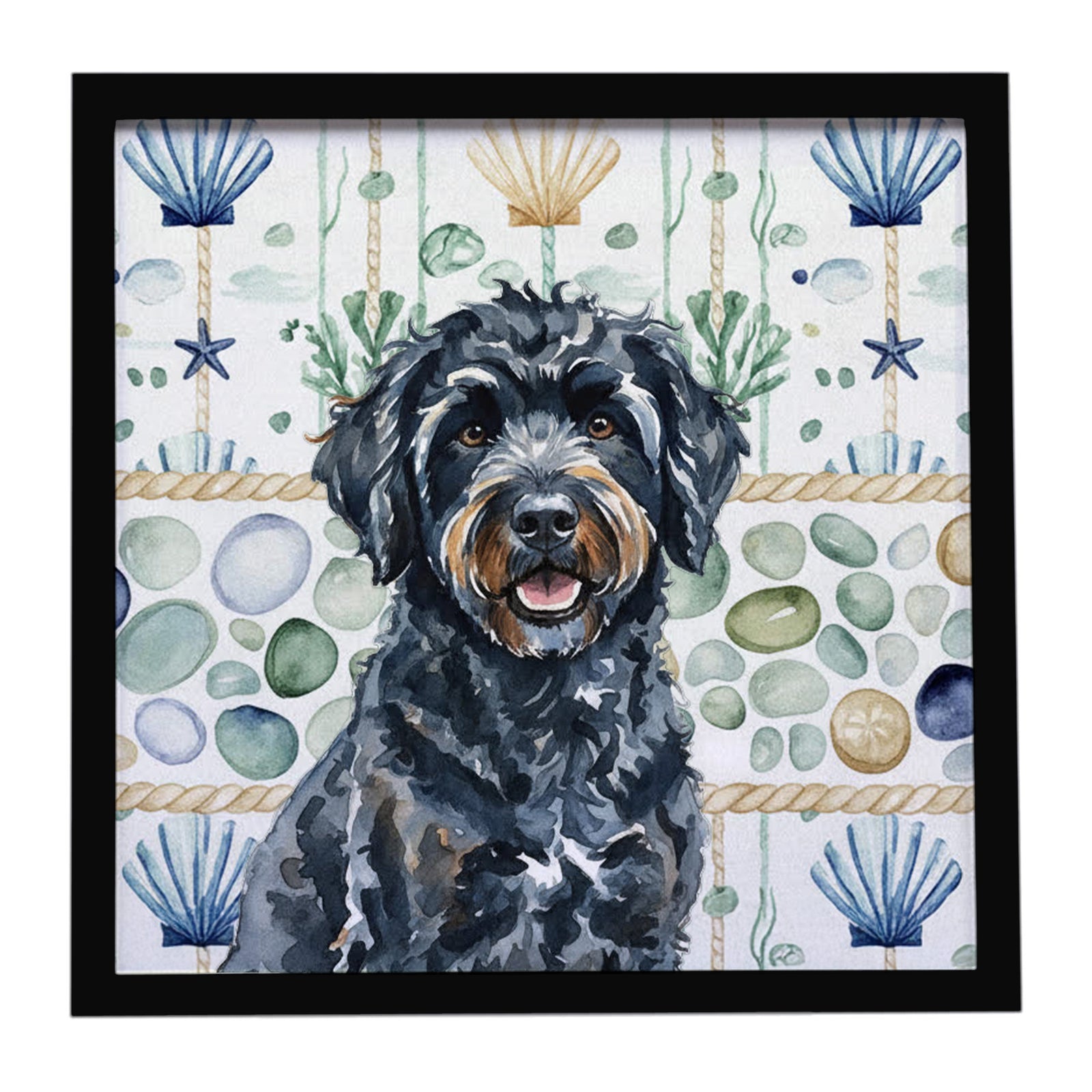 Caroline's Treasures Black Portuguese Water Dog Coastal Sea Glass Framed Metal Print