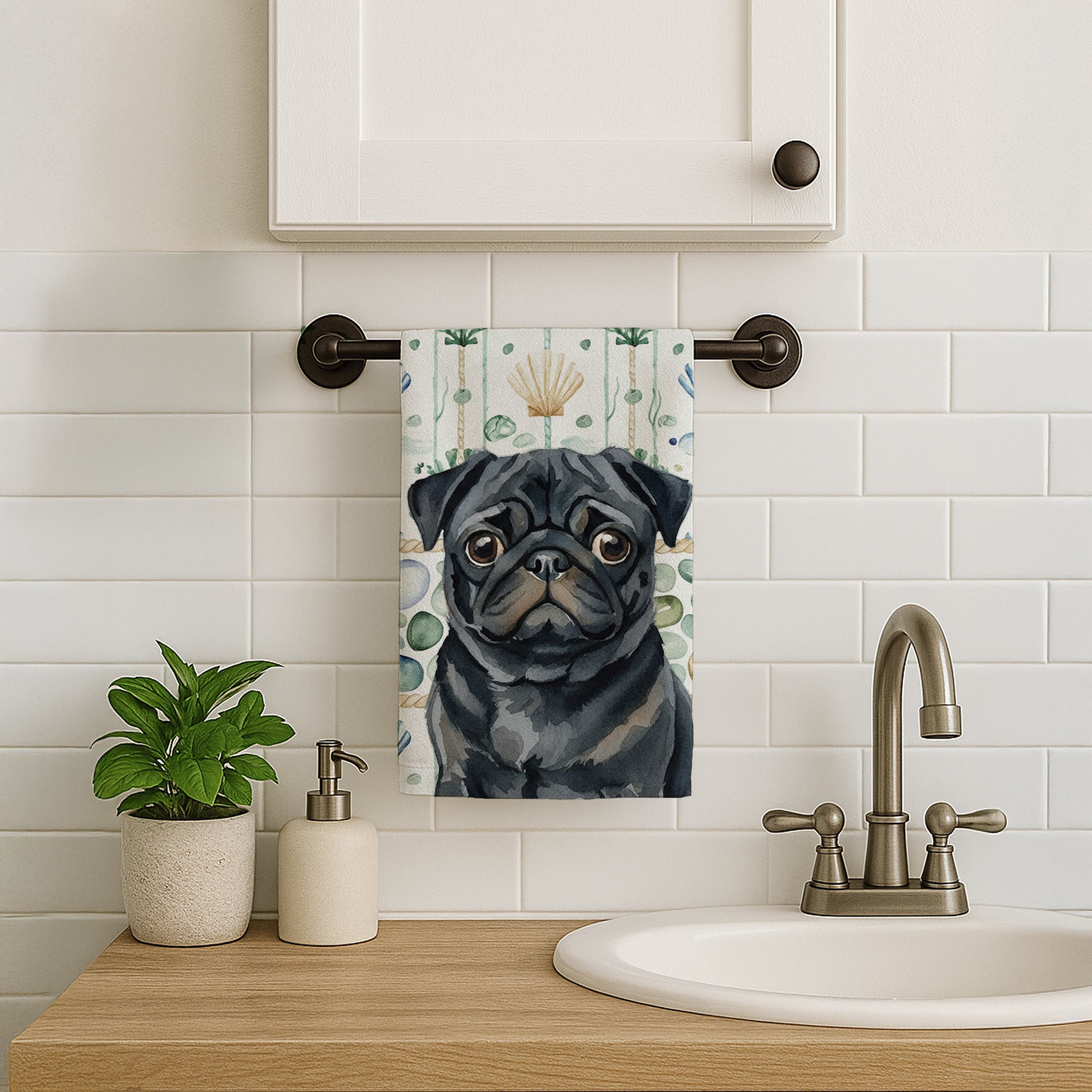 Caroline's Treasures Black Pug Coastal Sea Glass Kitchen Towel
