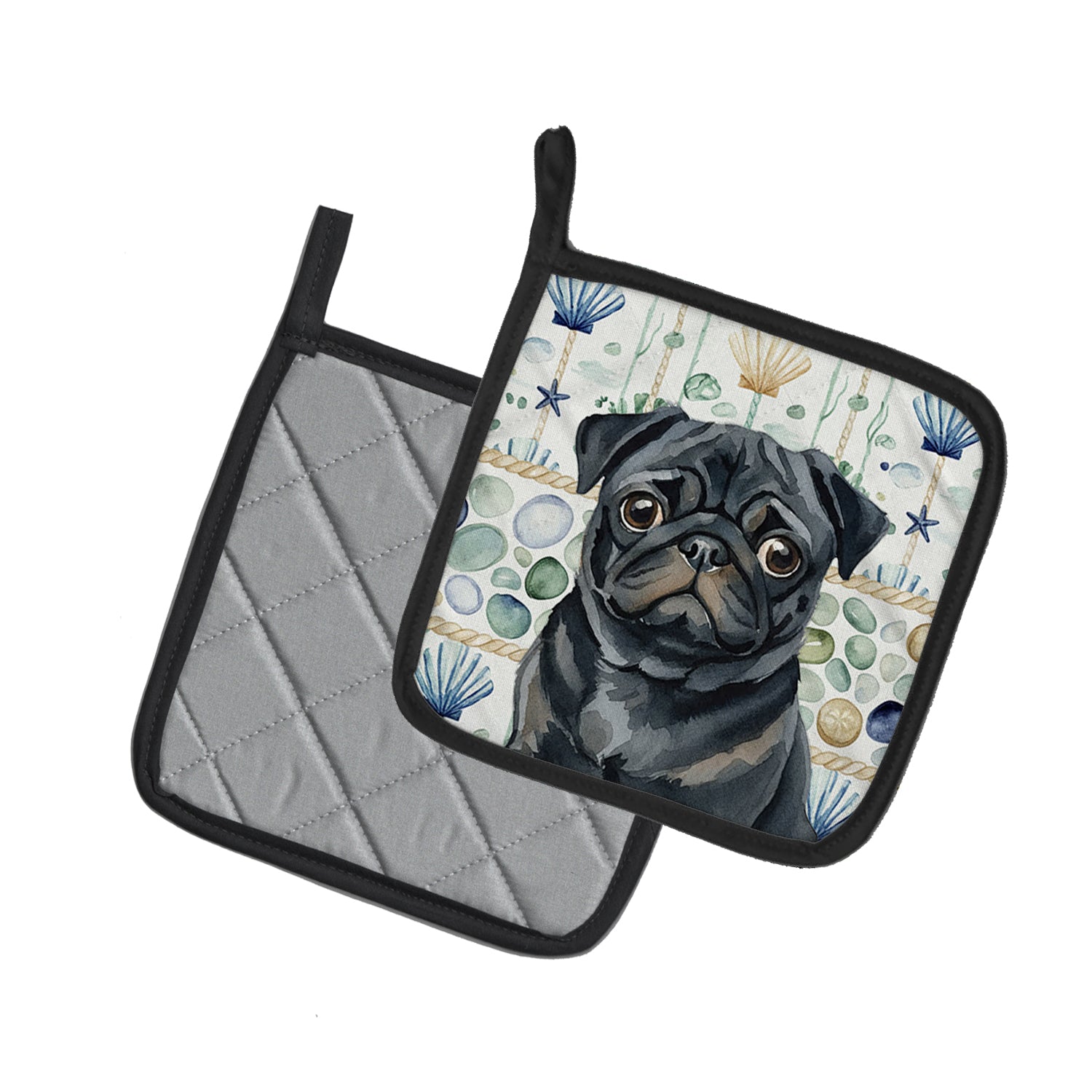 Caroline's Treasures Black Pug Coastal Sea Glass Pair of Pot Holders