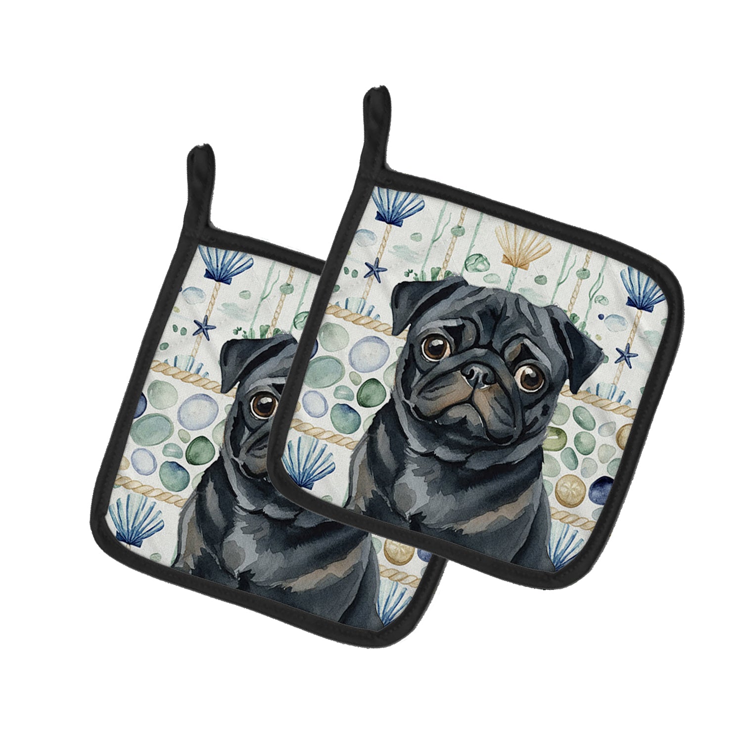Caroline's Treasures Black Pug Coastal Sea Glass Pair of Pot Holders