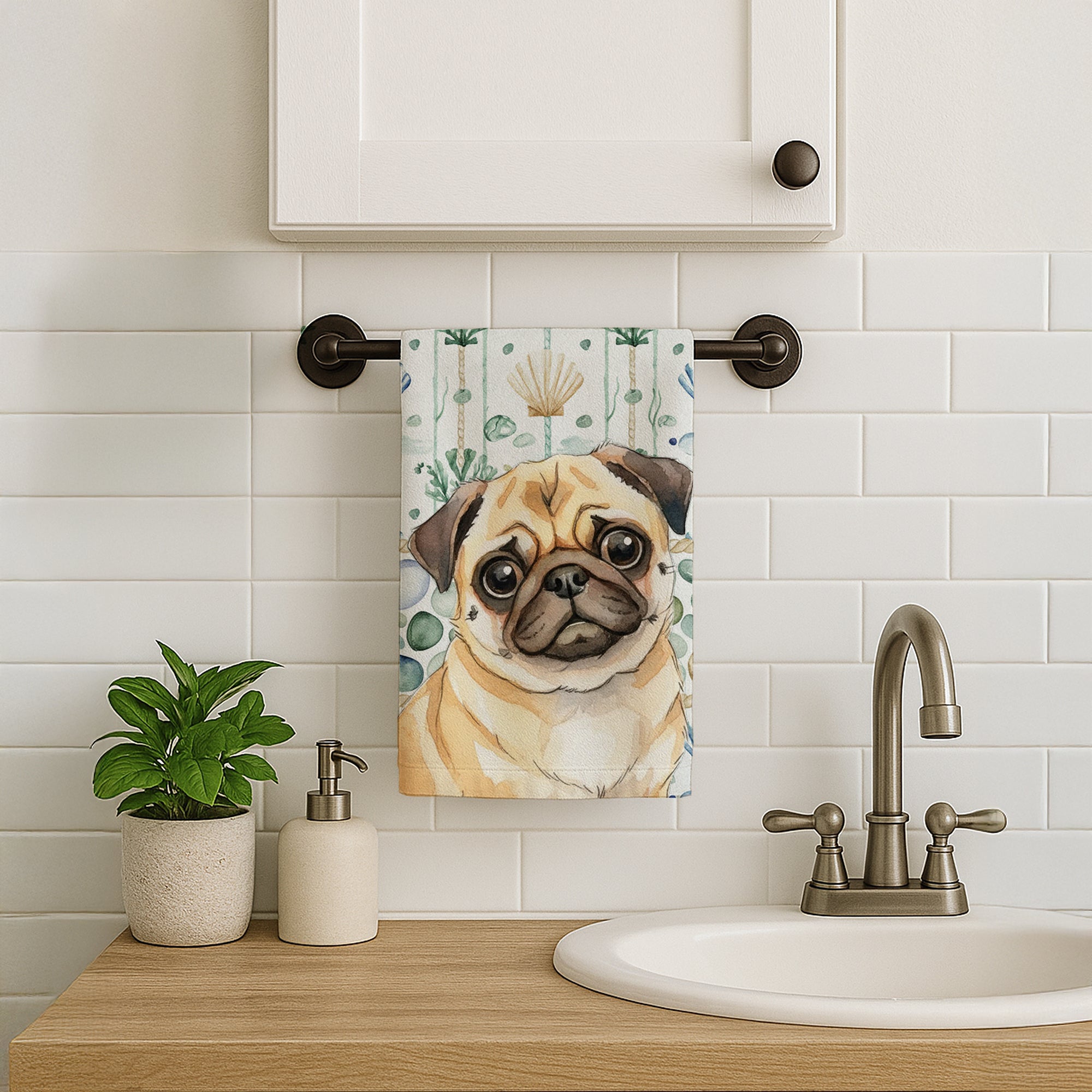 Caroline's Treasures Fawn Pug Coastal Sea Glass Kitchen Towel