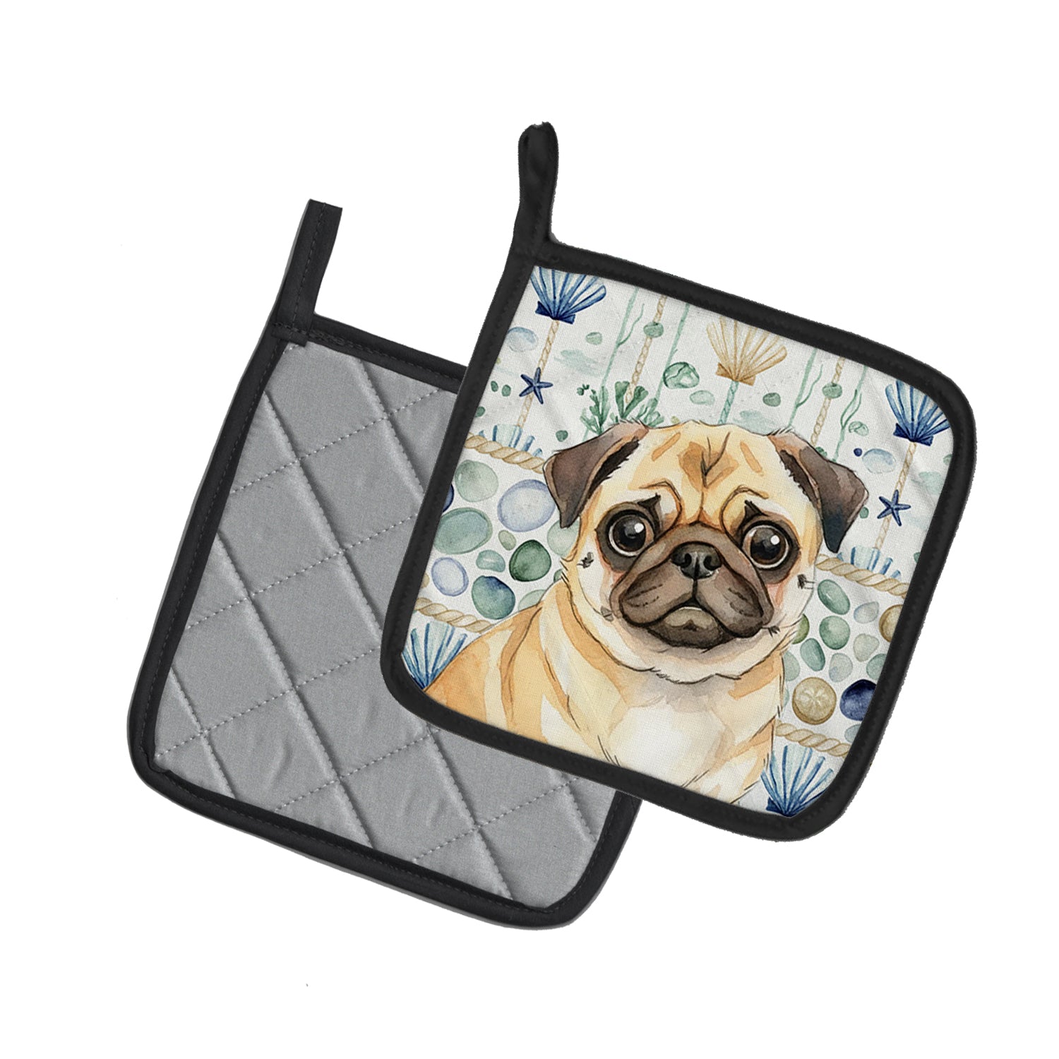 Caroline's Treasures Fawn Pug Coastal Sea Glass Pair of Pot Holders