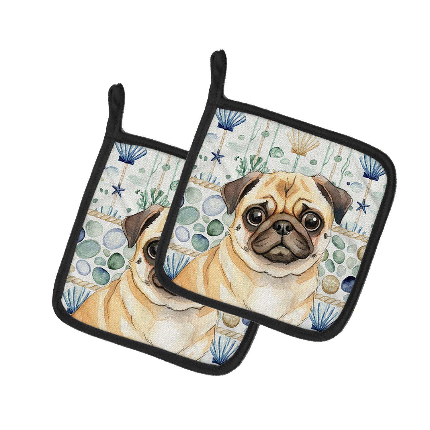 Caroline's Treasures Fawn Pug Coastal Sea Glass Pair of Pot Holders