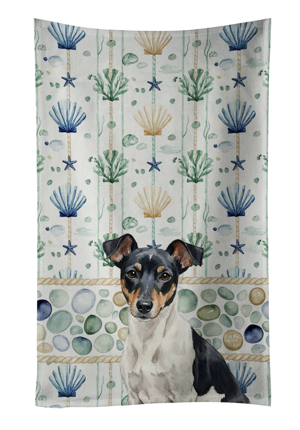 Caroline's Treasures Black and White Rat Terrier Coastal Sea Glass Kitchen Towel