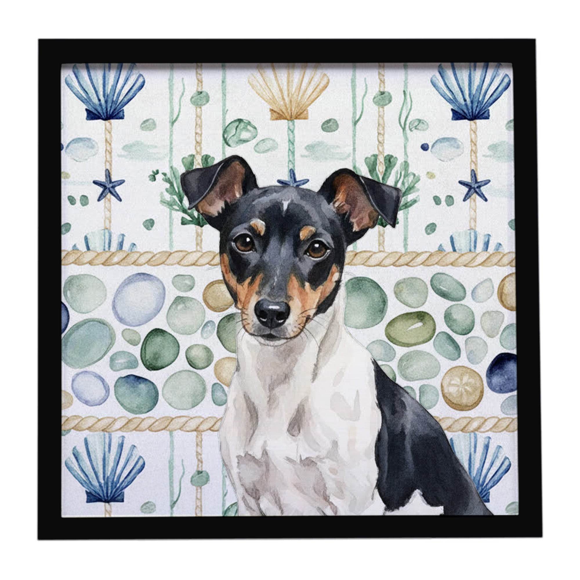 Caroline's Treasures Black and White Rat Terrier Coastal Sea Glass Framed Metal Print