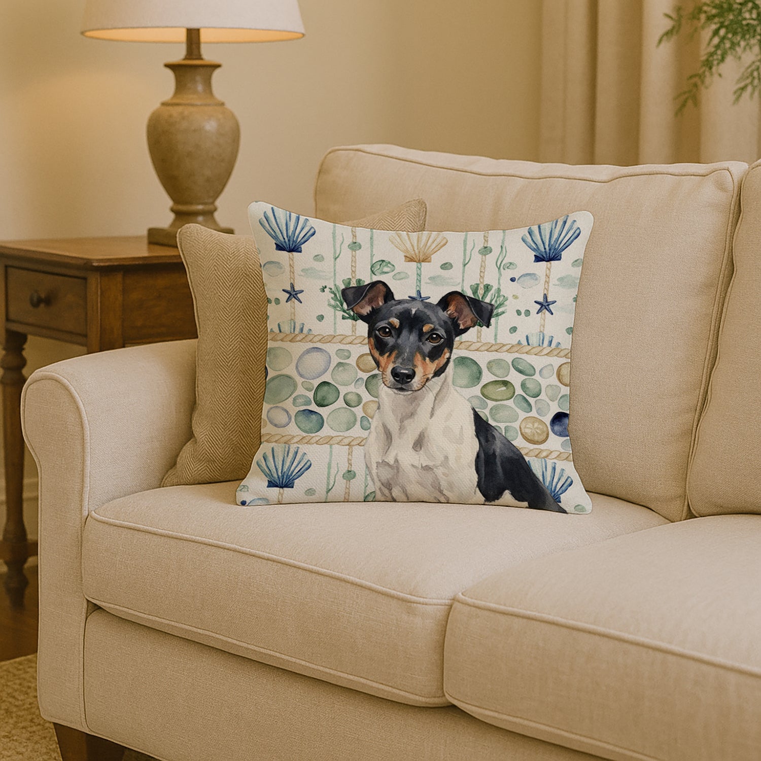 Caroline's Treasures Black and White Rat Terrier Coastal Sea Glass Throw Pillow