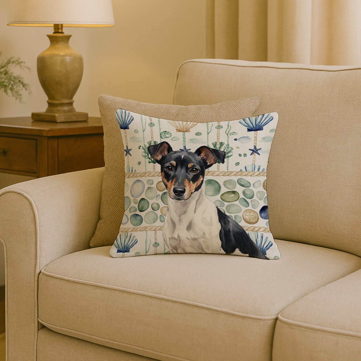 Caroline's Treasures Black and White Rat Terrier Coastal Sea Glass Throw Pillow