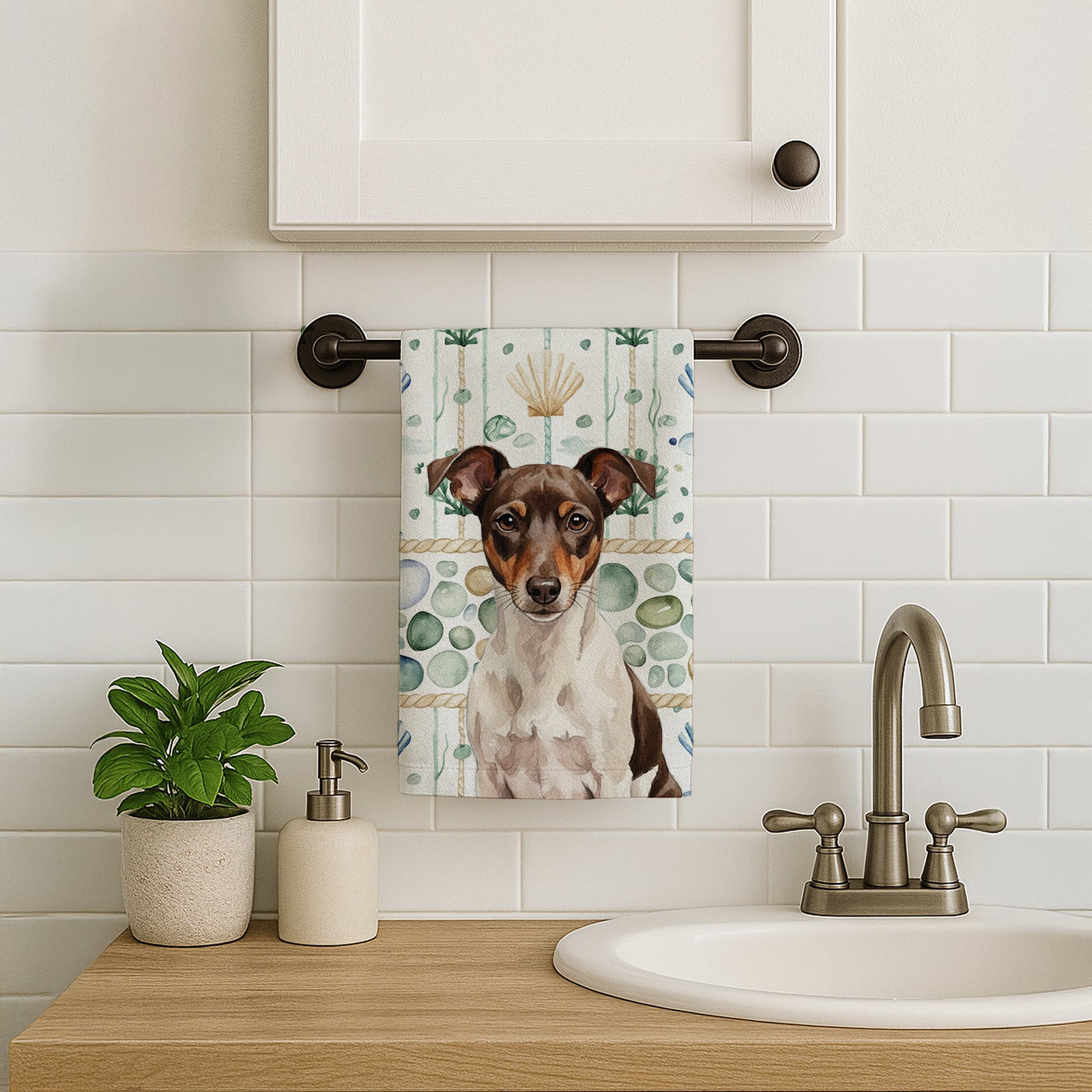 Caroline's Treasures Chocolate and White Rat Terrier Coastal Sea Glass Kitchen Towel