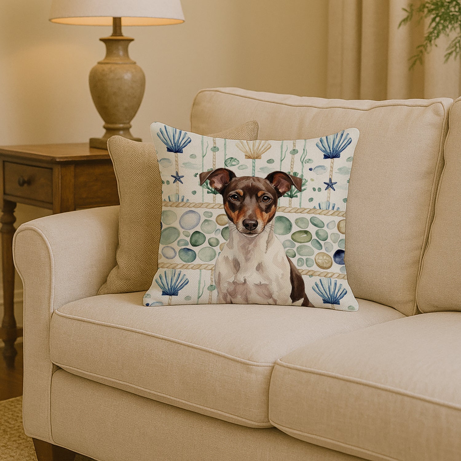 Caroline's Treasures Chocolate and White Rat Terrier Coastal Sea Glass Throw Pillow