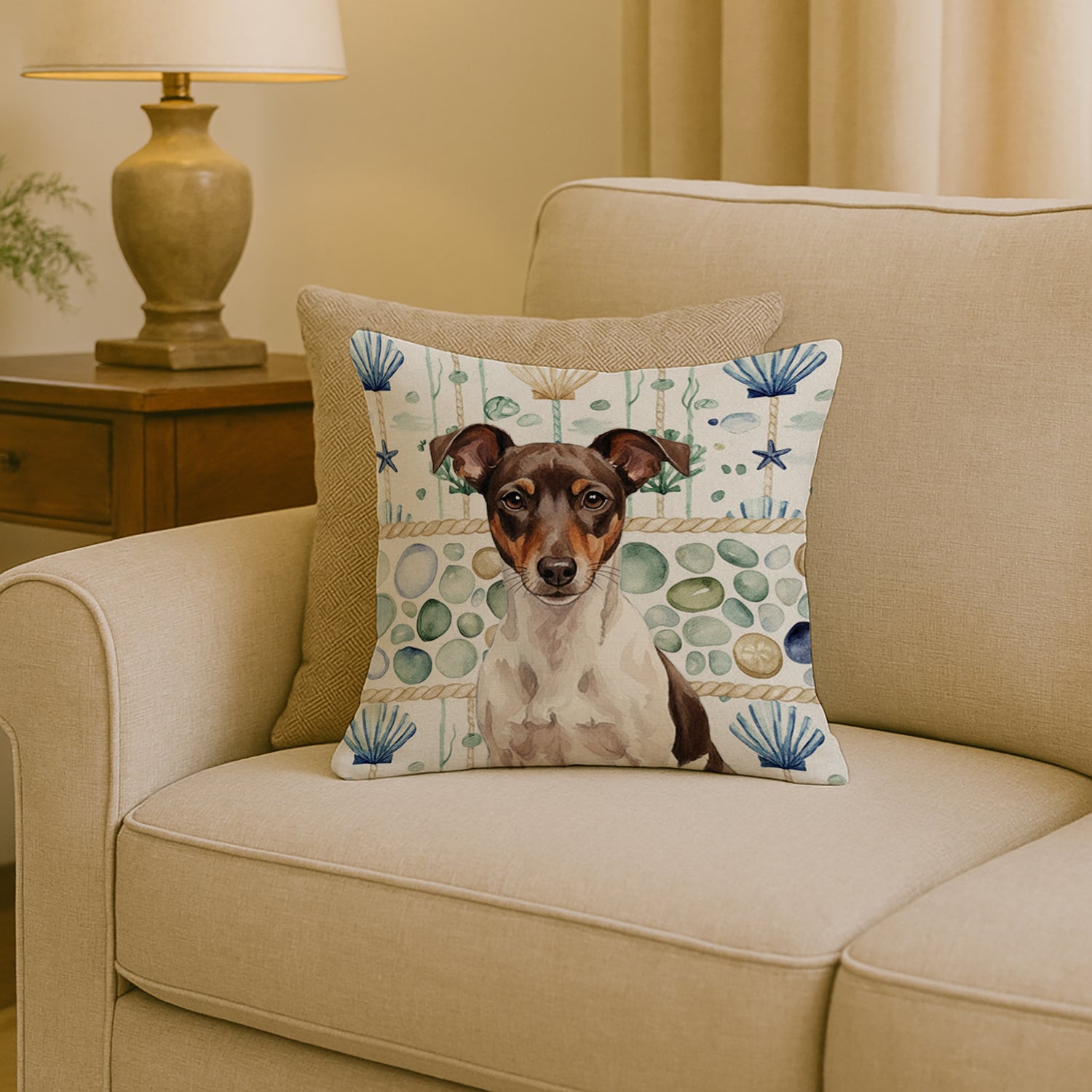 Caroline's Treasures Chocolate and White Rat Terrier Coastal Sea Glass Throw Pillow