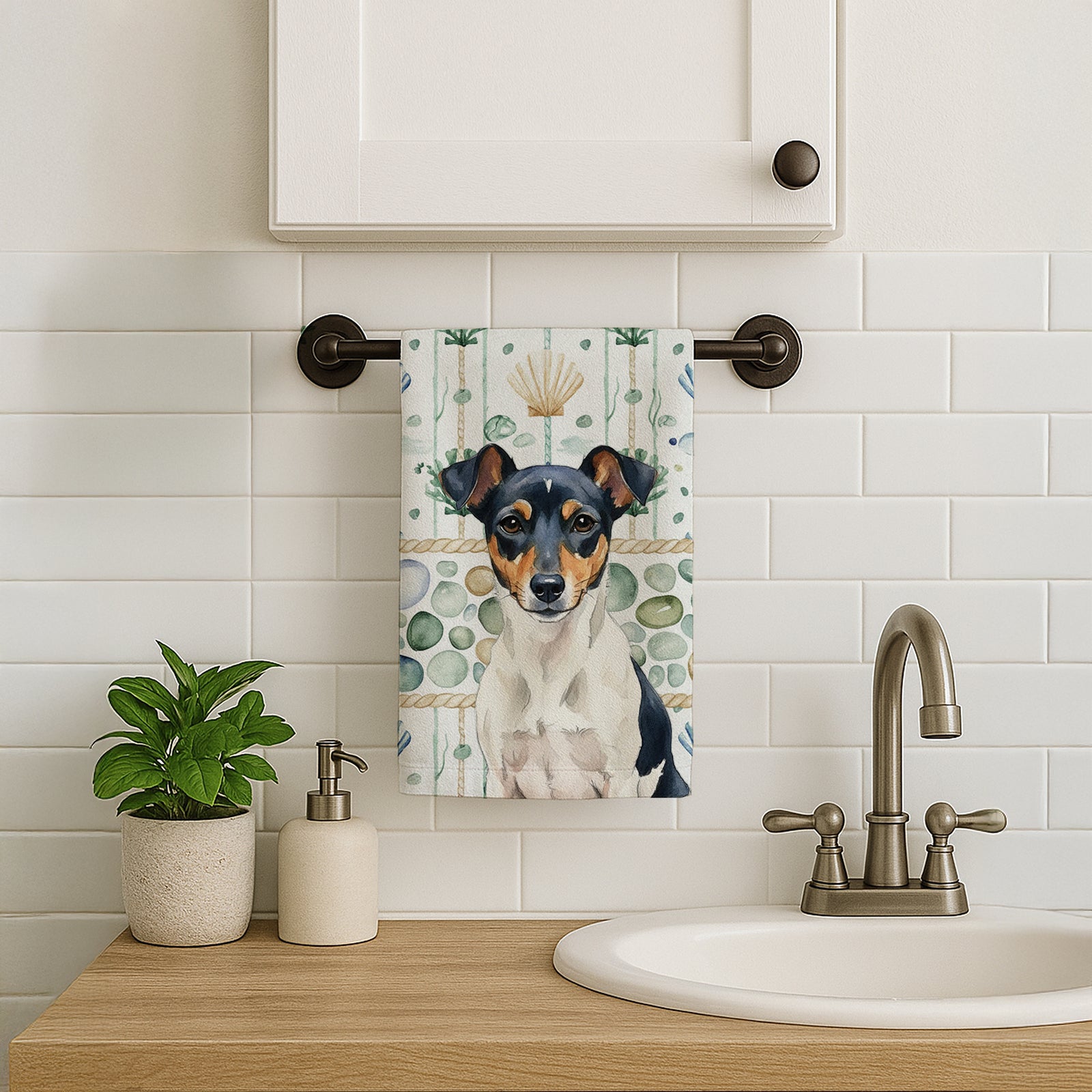 Caroline's Treasures Tricolor Rat Terrier Coastal Sea Glass Kitchen Towel