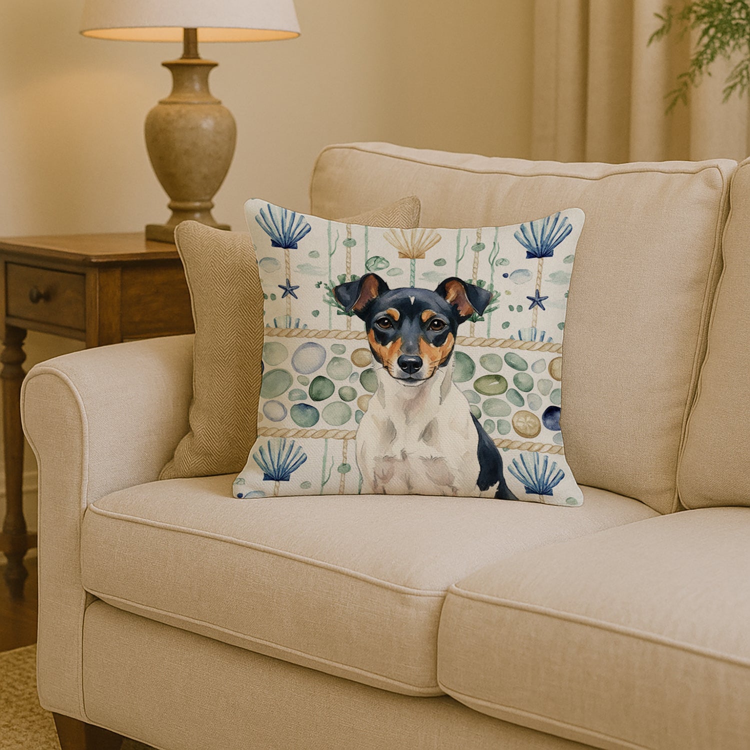 Caroline's Treasures Tricolor Rat Terrier Coastal Sea Glass Throw Pillow