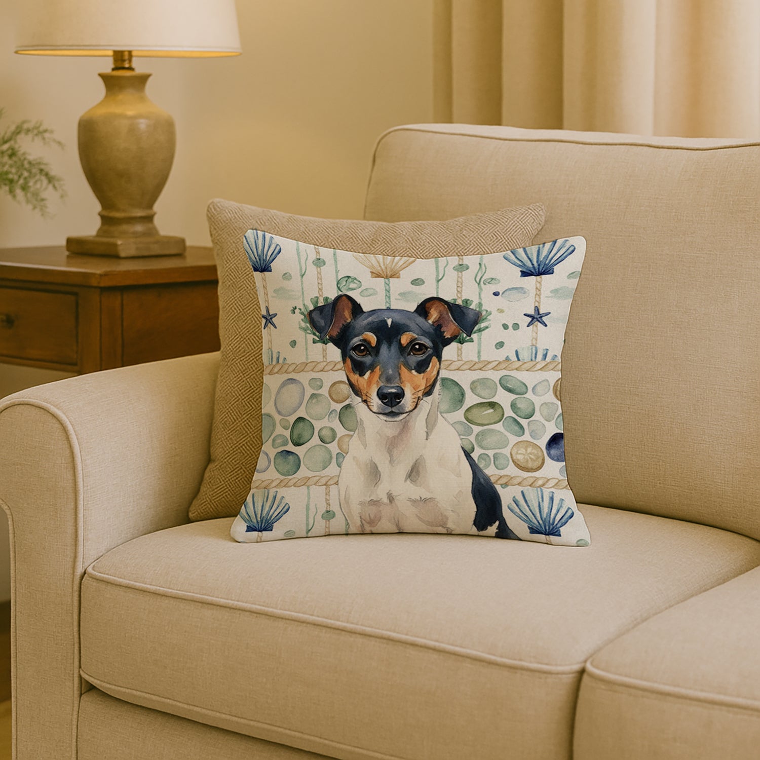 Caroline's Treasures Tricolor Rat Terrier Coastal Sea Glass Throw Pillow