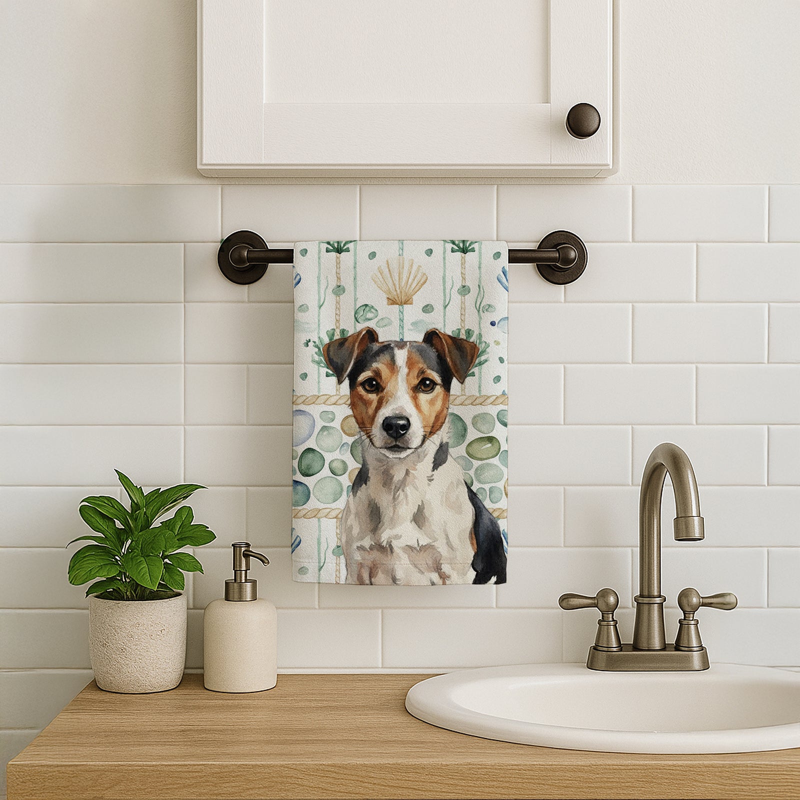 Caroline's Treasures Tricolor Russell Terrier Coastal Sea Glass Kitchen Towel
