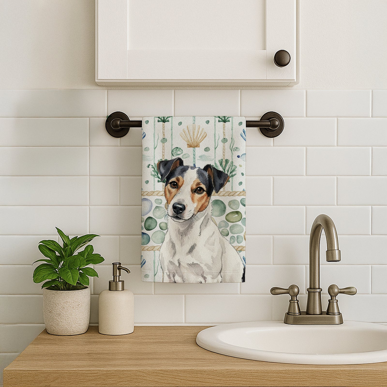 Caroline's Treasures White with Black Markings Russell Terrier Coastal Sea Glass Kitchen Towel