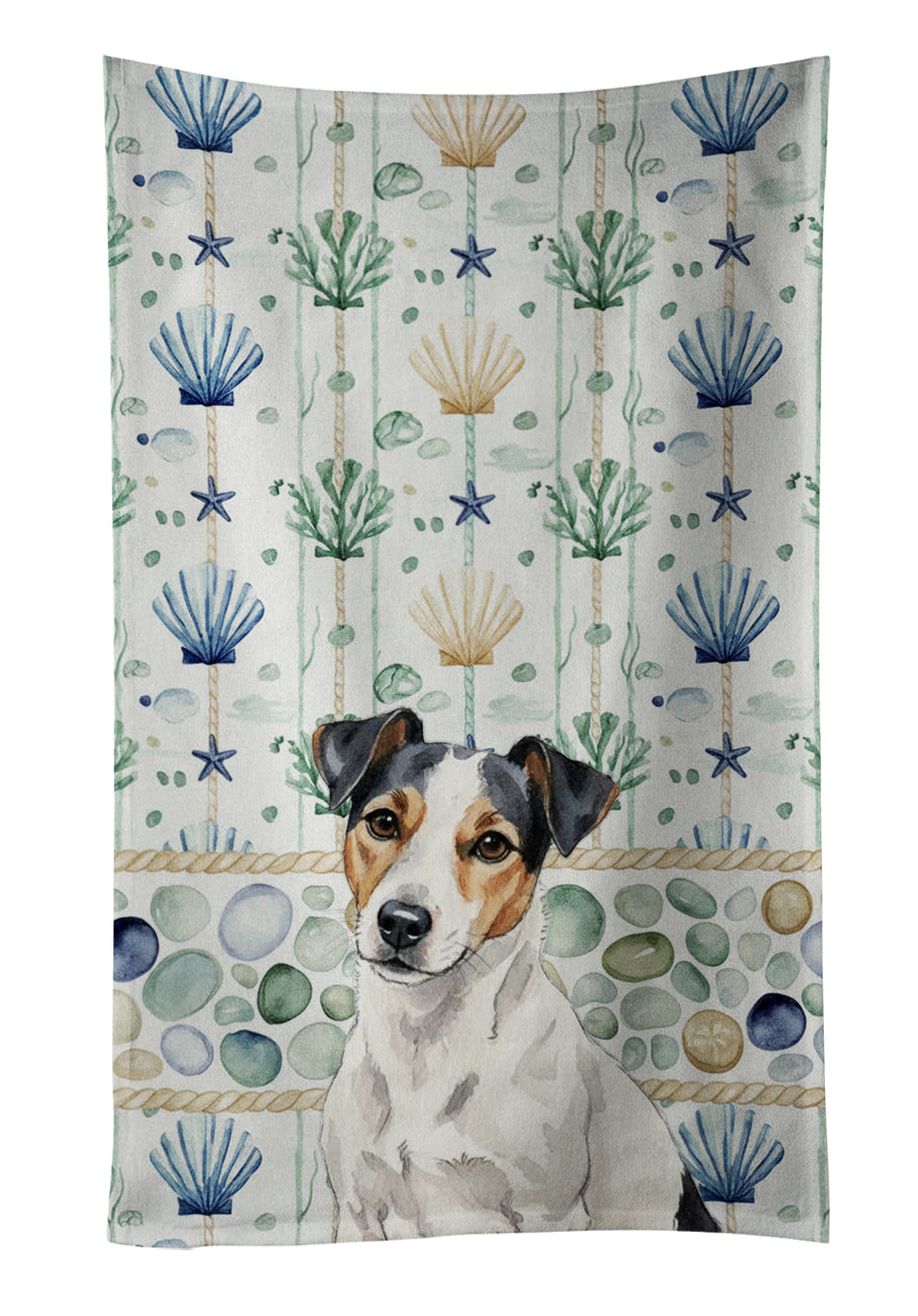 Caroline's Treasures White with Black Markings Russell Terrier Coastal Sea Glass Kitchen Towel