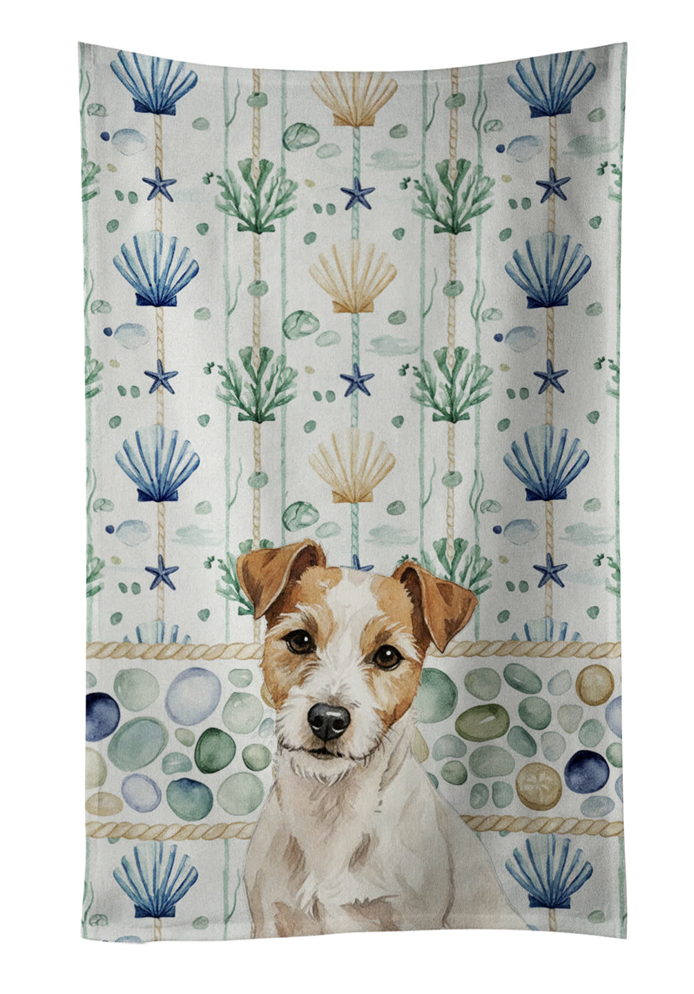 Caroline's Treasures White with Tan Markings Russell Terrier Coastal Sea Glass Kitchen Towel