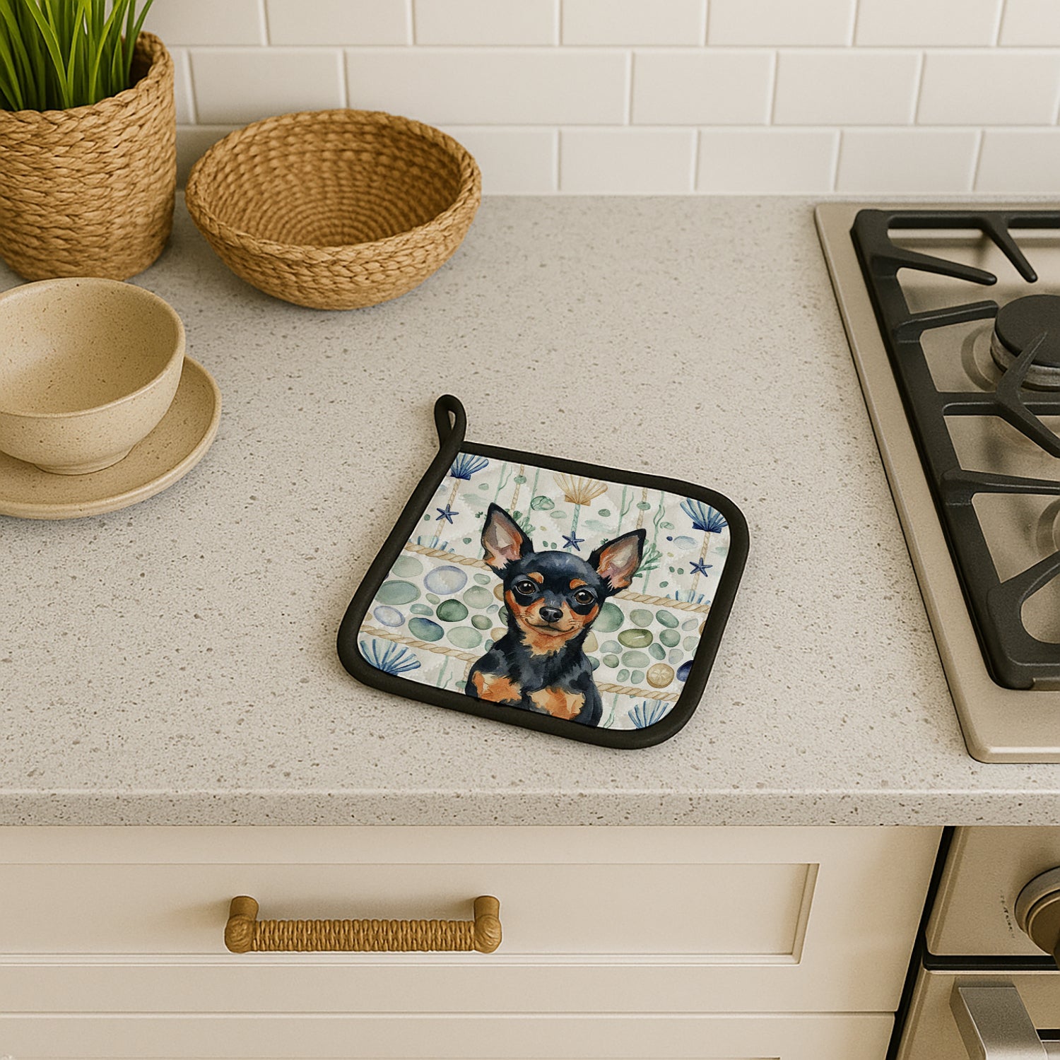 Caroline's Treasures Black and Tan Russian Toy Coastal Sea Glass Pair of Pot Holders