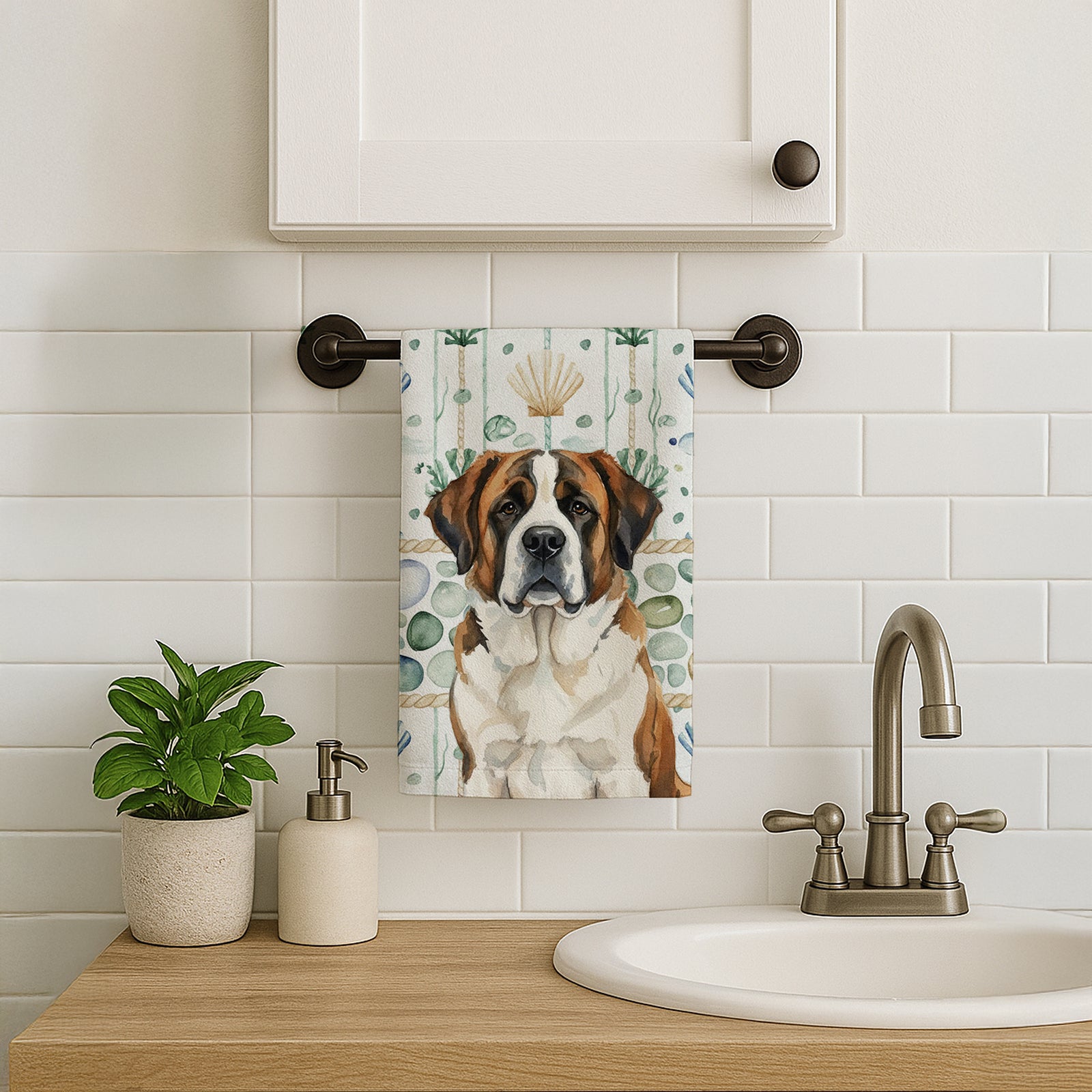 Caroline's Treasures Brindle and White Saint Bernard Coastal Sea Glass Kitchen Towel