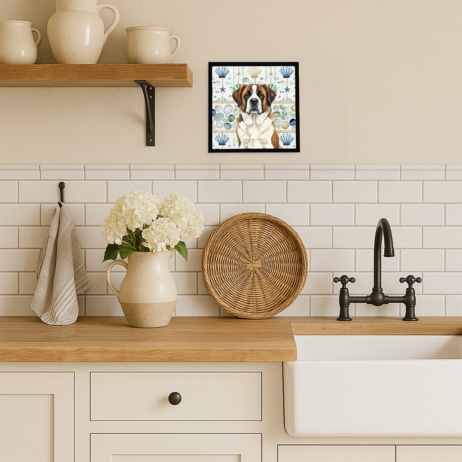 Caroline's Treasures Brindle and White Saint Bernard Coastal Sea Glass Framed Metal Print