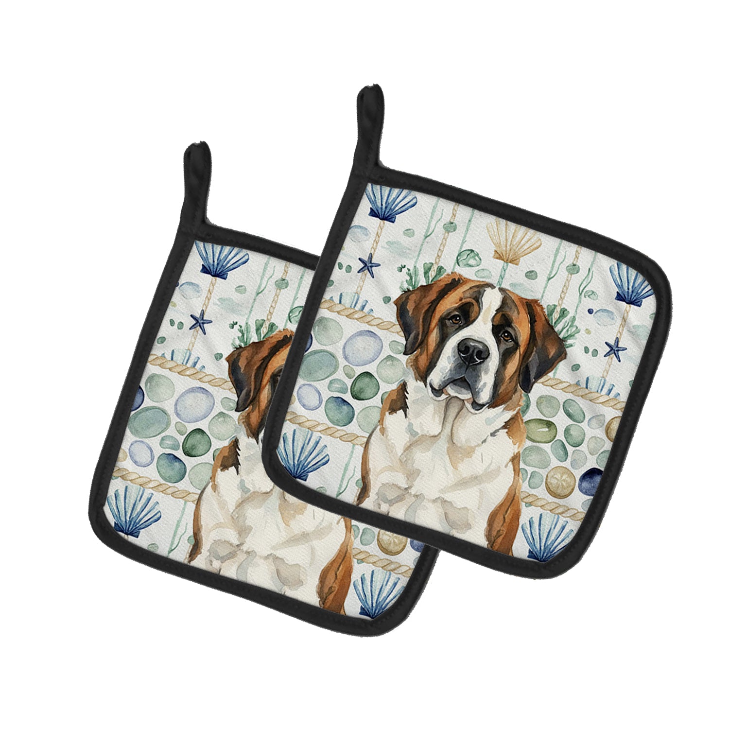 Caroline's Treasures Brindle and White Saint Bernard Coastal Sea Glass Pair of Pot Holders