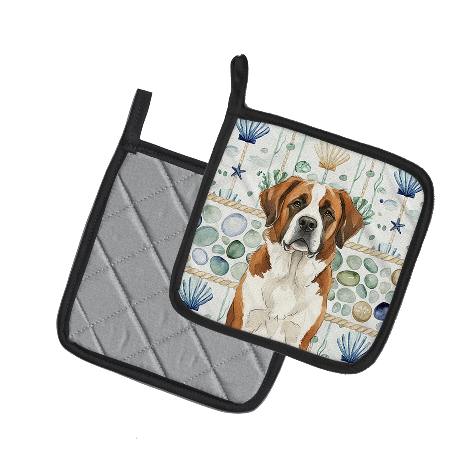 Caroline's Treasures Brown and White Saint Bernard Coastal Sea Glass Pair of Pot Holders